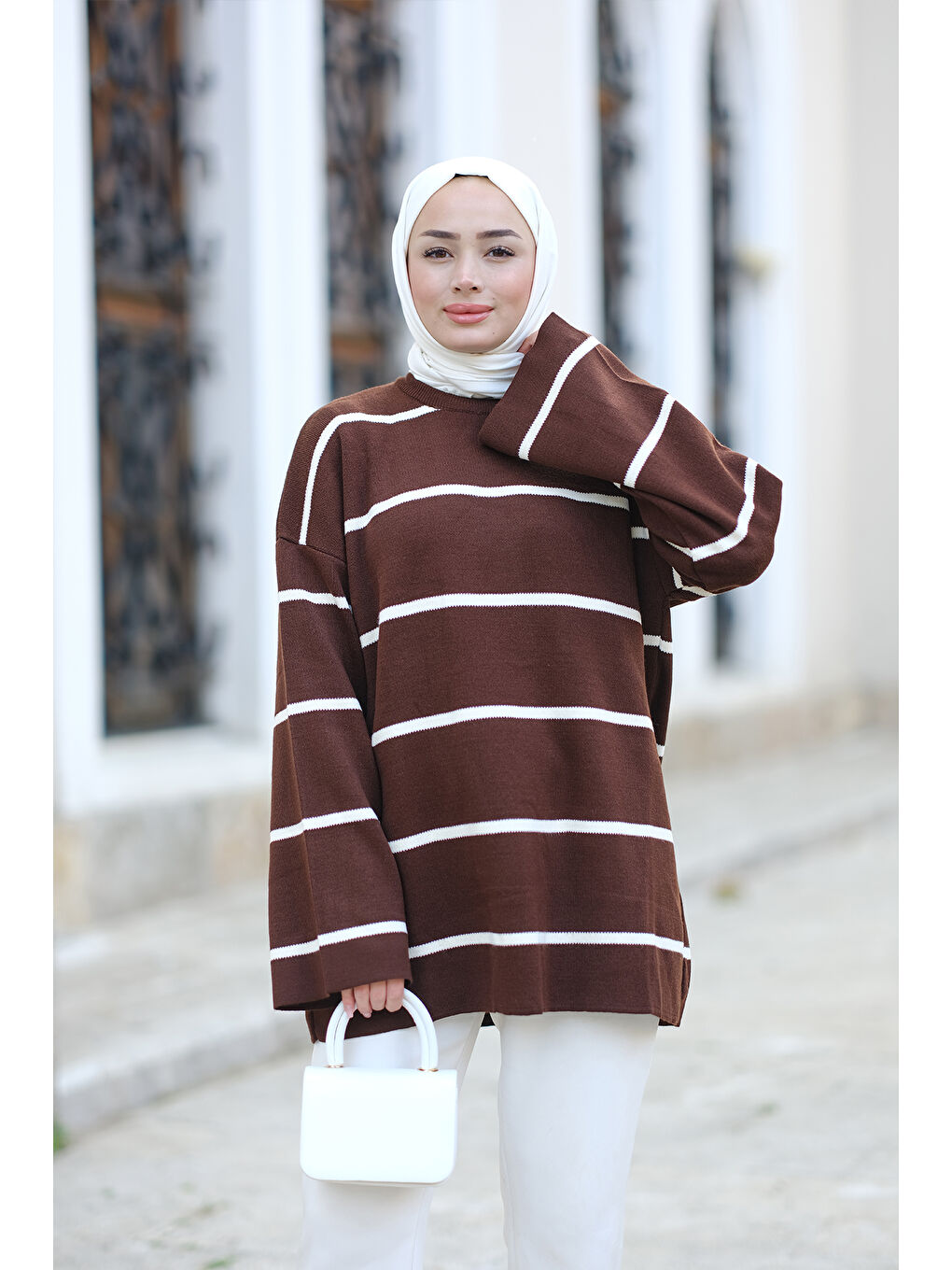Çizgili Triko Tunik Kahverengi