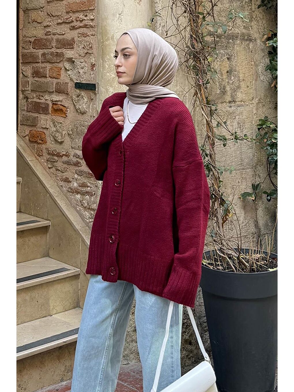 Salaş Dokulu Basic Hırka Bordo-1