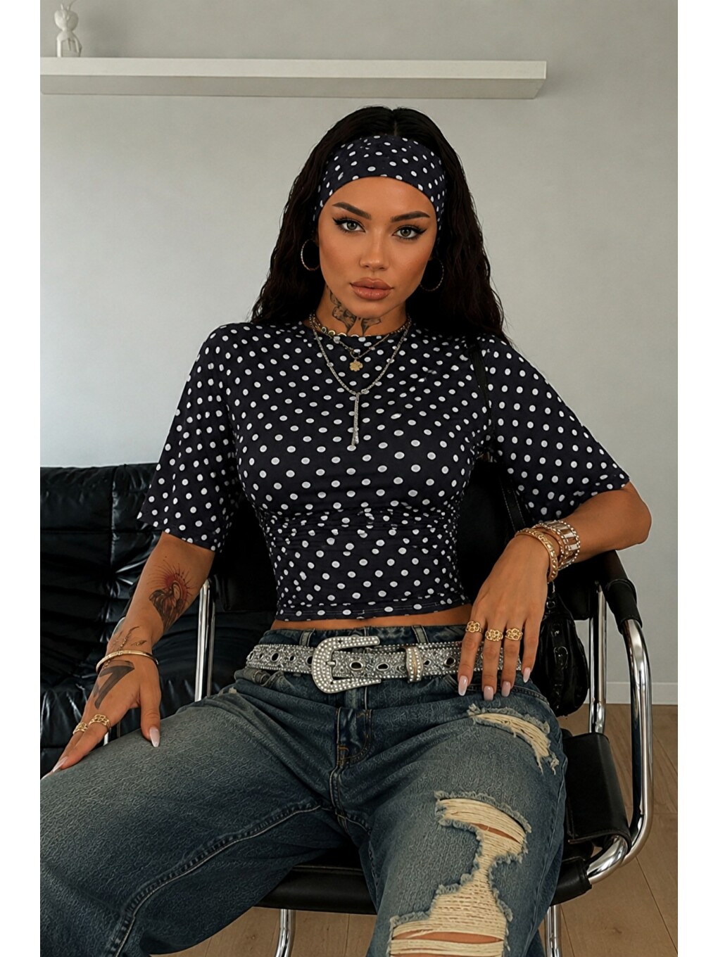 Siyah Kadın Puantiyeli Crop T-Shirt Bandanalı Y2K Fit Tişört Streetwear-2