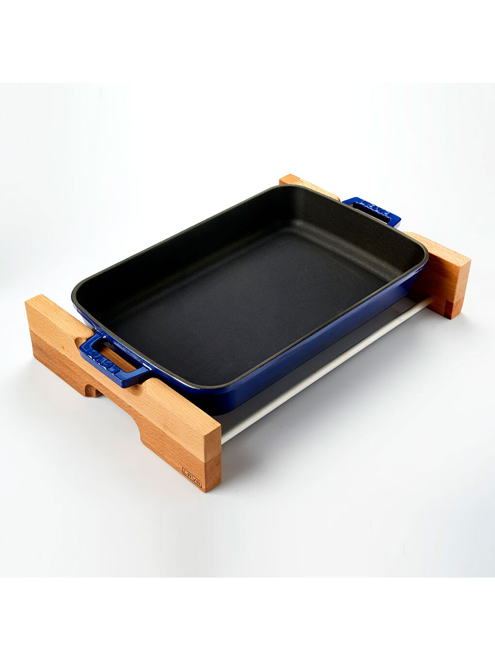 Mavi Dikdörtgen Rosto ve Fırın Tepsisi Kayın Servis Ahşabı Döküm Demir Yekpare Çift Kulplu Ölçü 22x30cm.-1