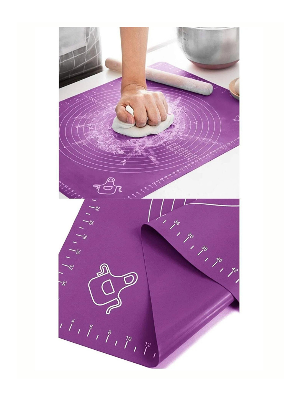 1. Sınıf Fırın Pişirme Altlığı, Mor Ölçülü Hamur Açma Matı 45 X 65 Cm, Bambu Saplı Silikon Merdane-6