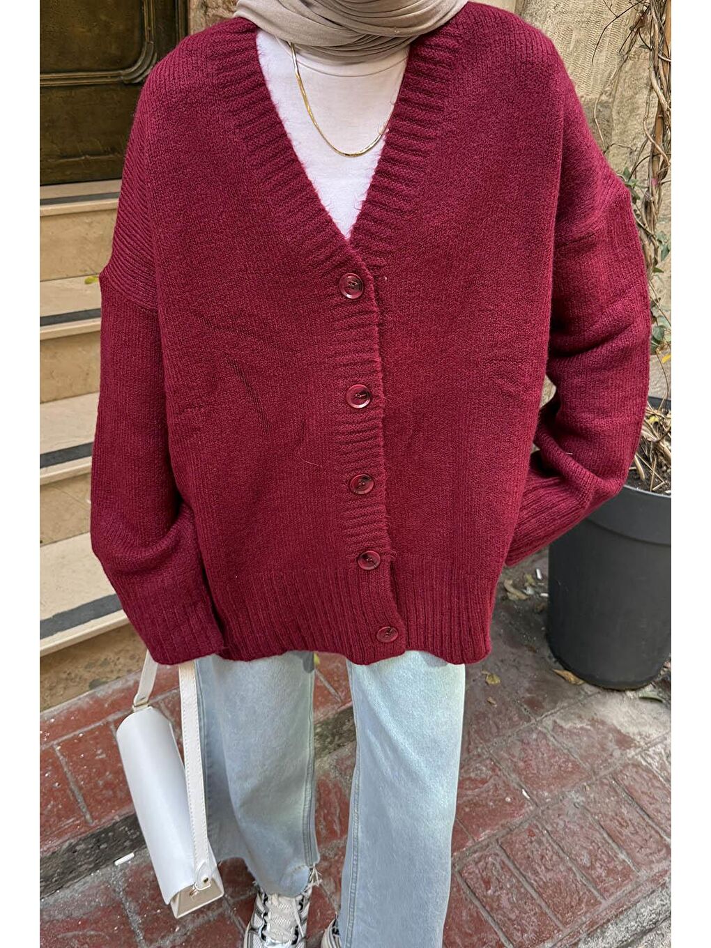 Salaş Dokulu Basic Hırka Bordo-2