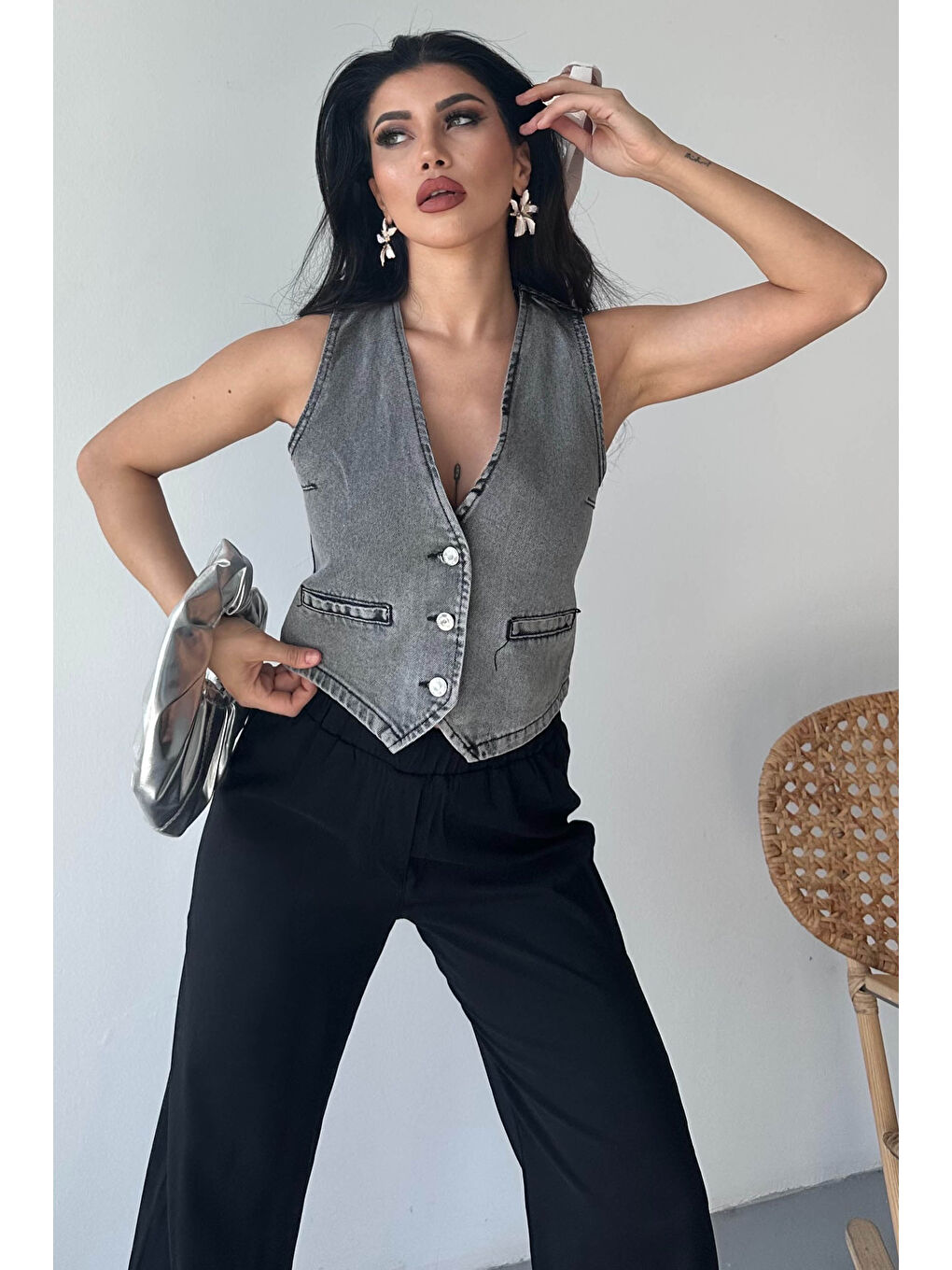 Flotalı Jean Yelek Gri - 27300-3