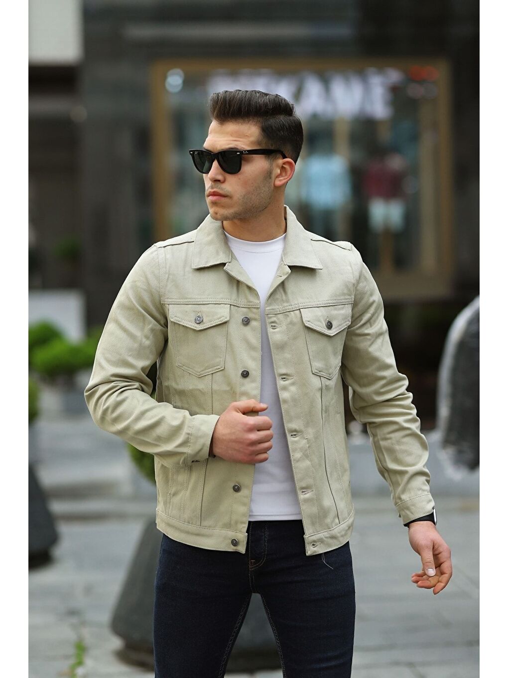 Ekru Erkek A Kalite Slim Fit Denim Jean Ceket