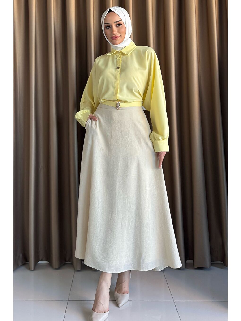 Bej Tesettür Keten Etek-2