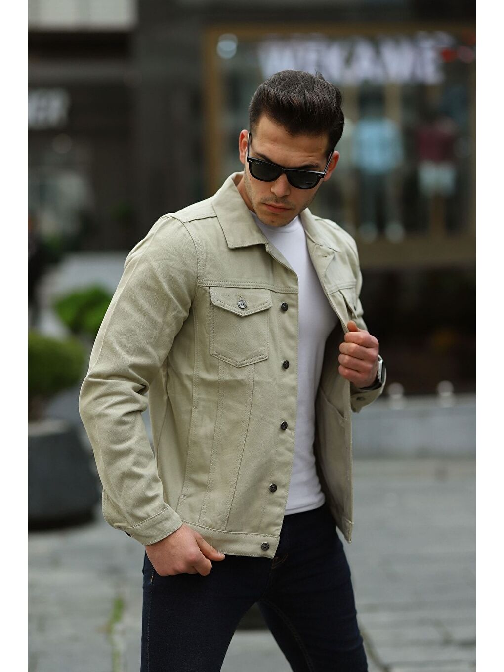 Ekru Erkek A Kalite Slim Fit Denim Jean Ceket-1