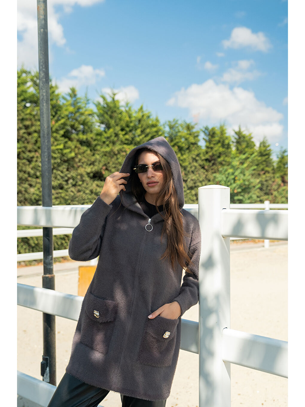 Gri Kadın Fermuarlı Triko Ceket Füme-1