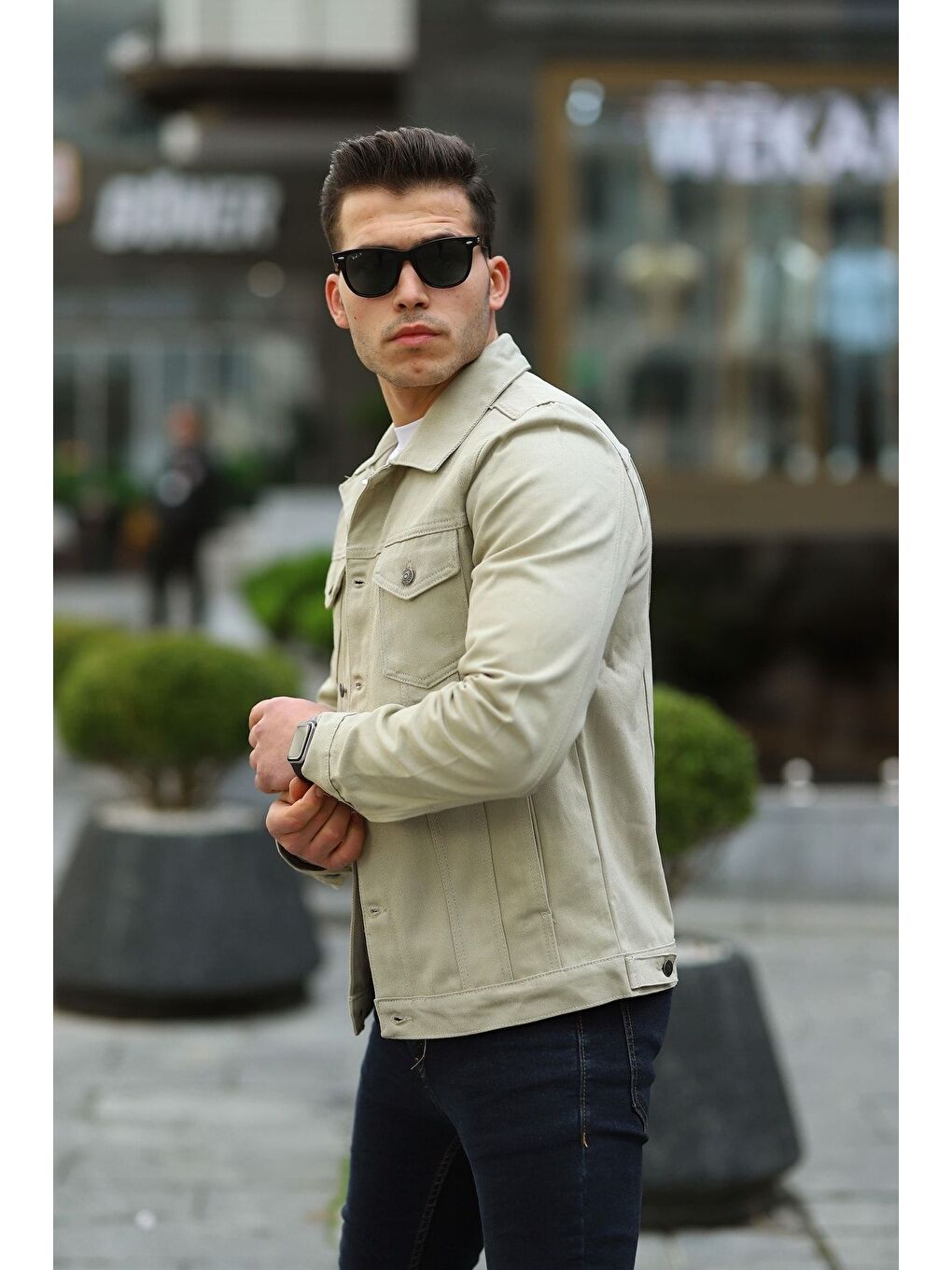 Ekru Erkek A Kalite Slim Fit Denim Jean Ceket-2