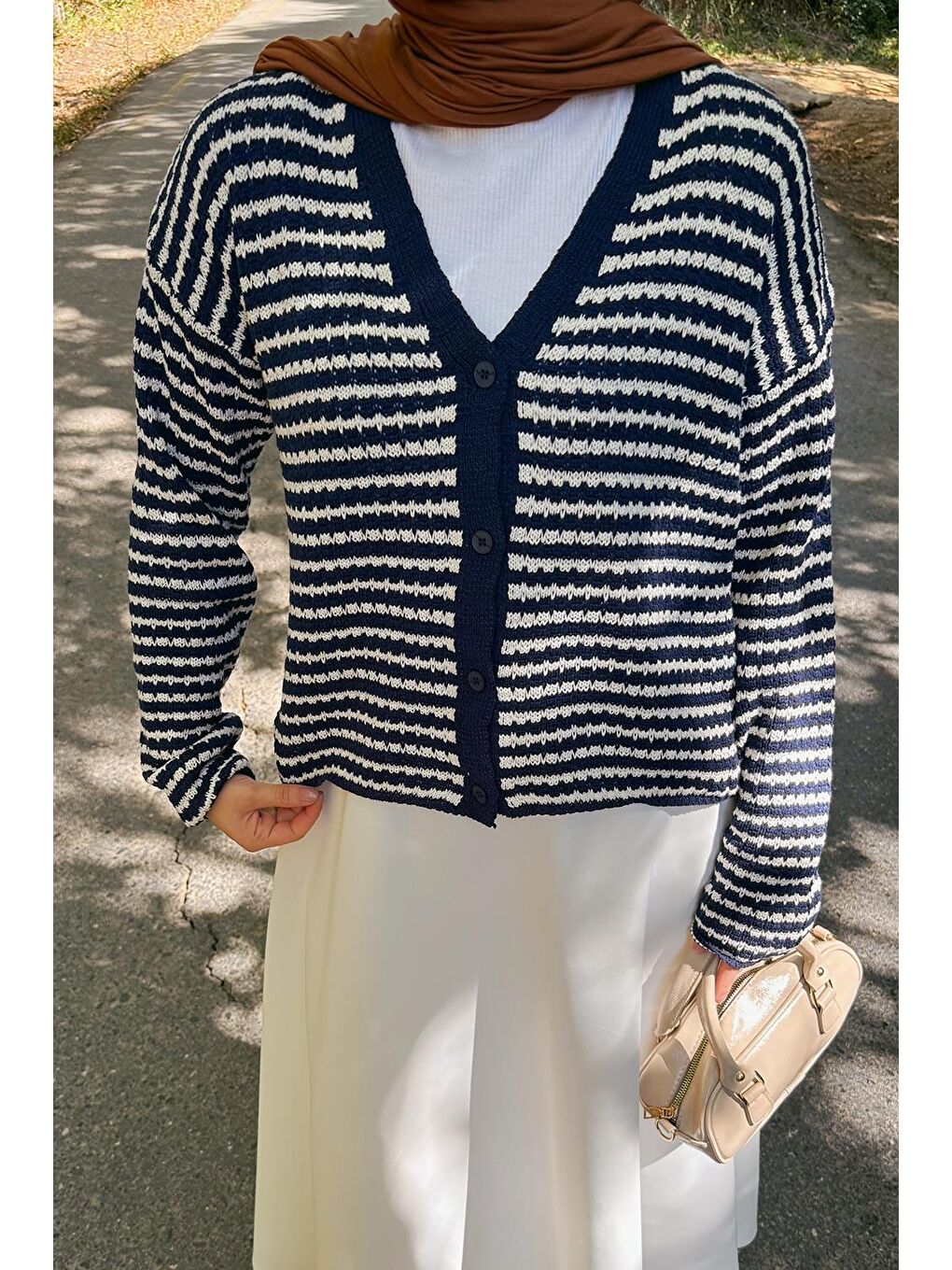 İnce Çizgili Triko Hırka Lacivert-2