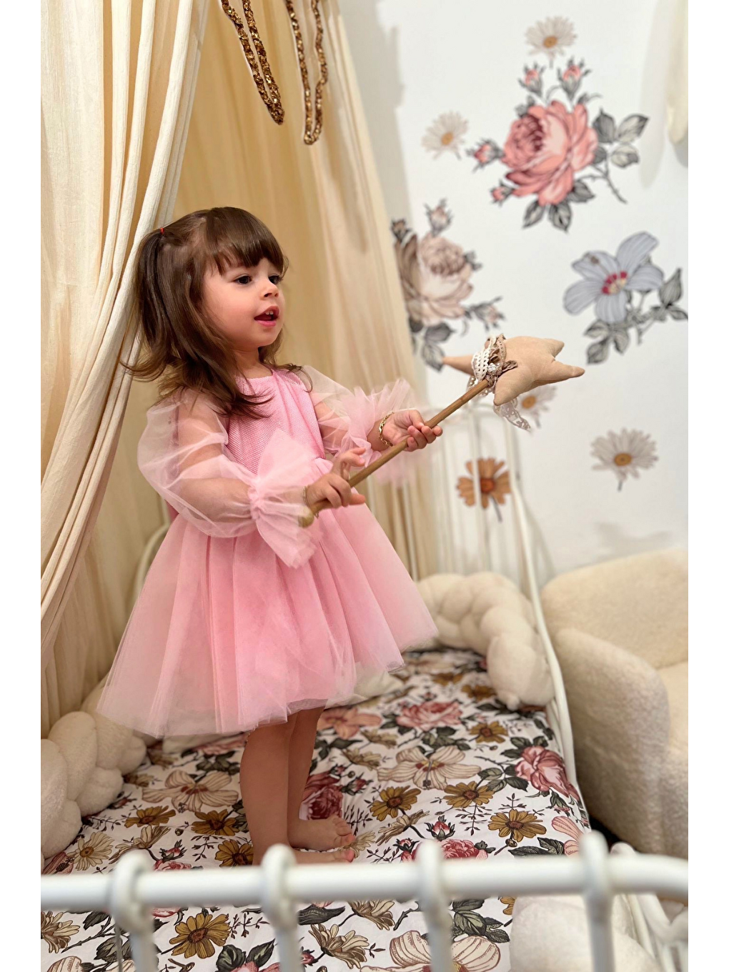 Pembe Uzun Tül Kol Detaylı Tütülü Kız Çocuk Kız Bebek Elbise-2