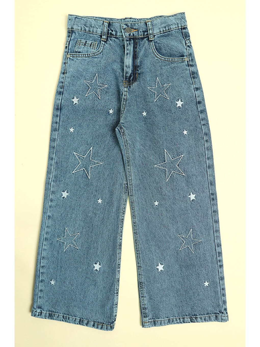 Mavi Yıldız Nakışlı Beli Ayarlanabilir Kız Çocuk Pantolon