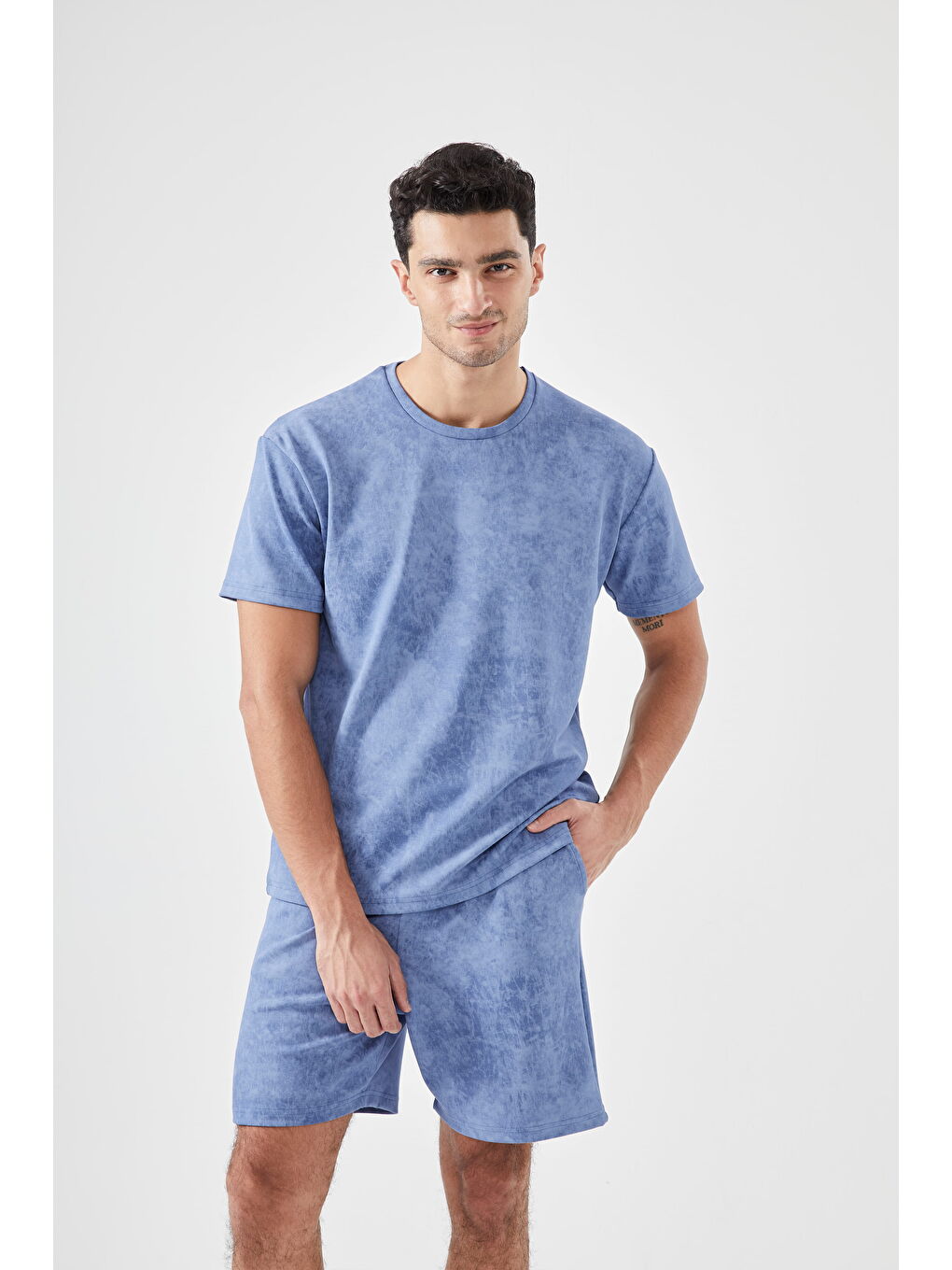 Erkek Mavi Şortlu Cepli Pijama Takımı