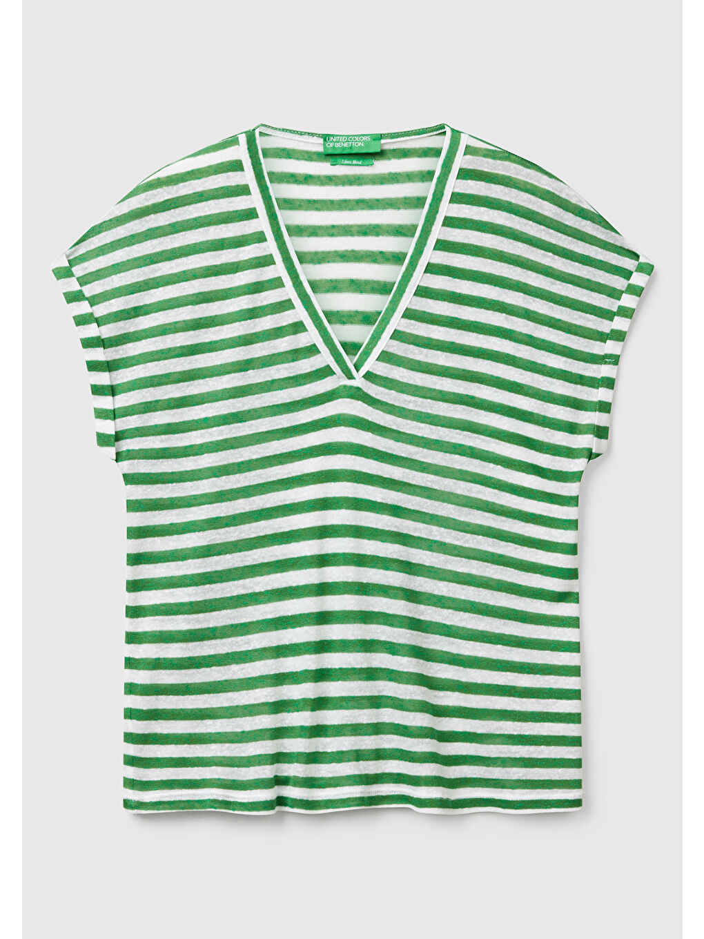 Kadın Yeşil Mix Keten Karışımlı Rahat Kalıp Çizgili V Yaka T-Shirt-1