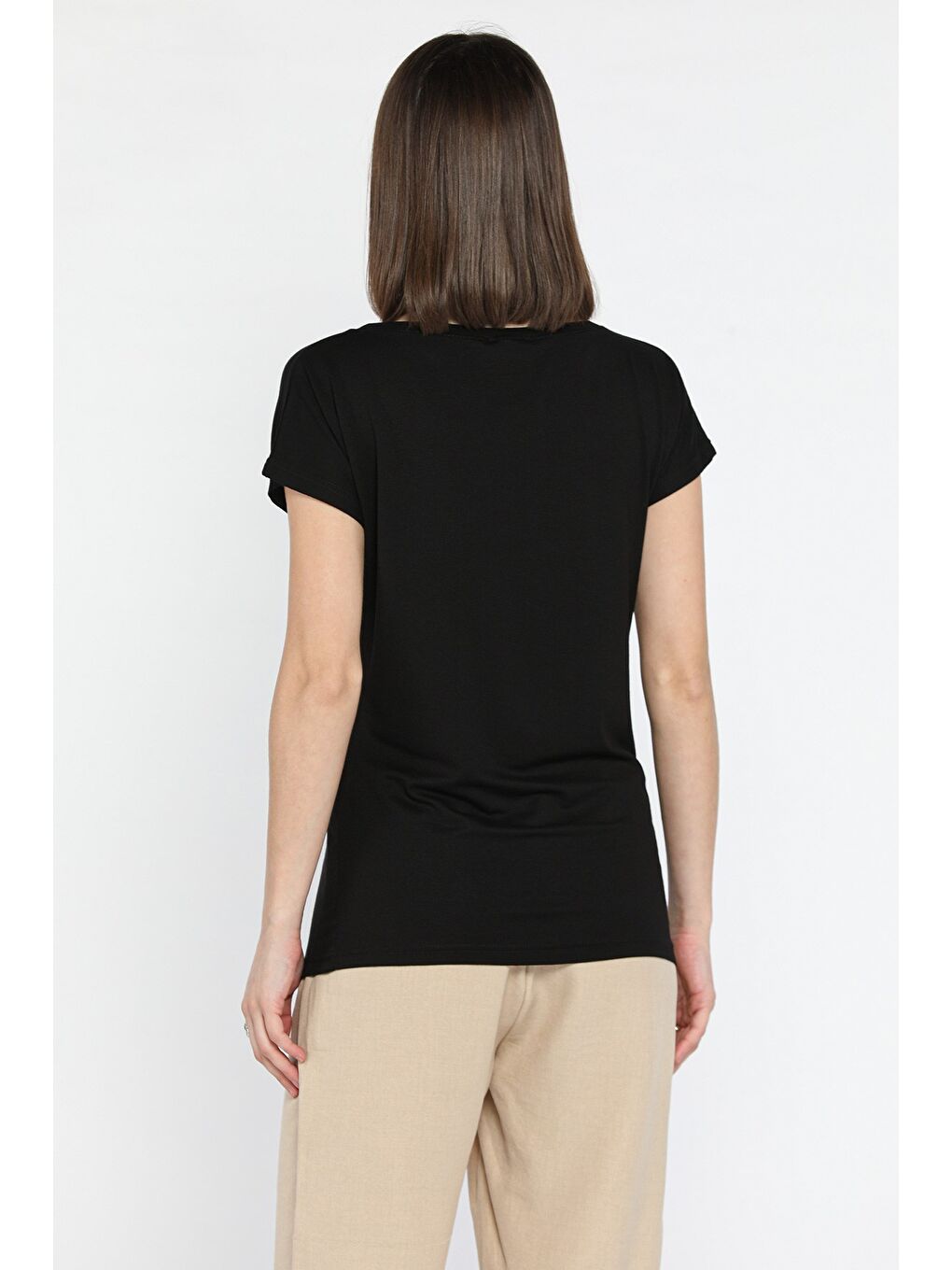 Siyah Kadın Bisiklet Yaka Tişört-2