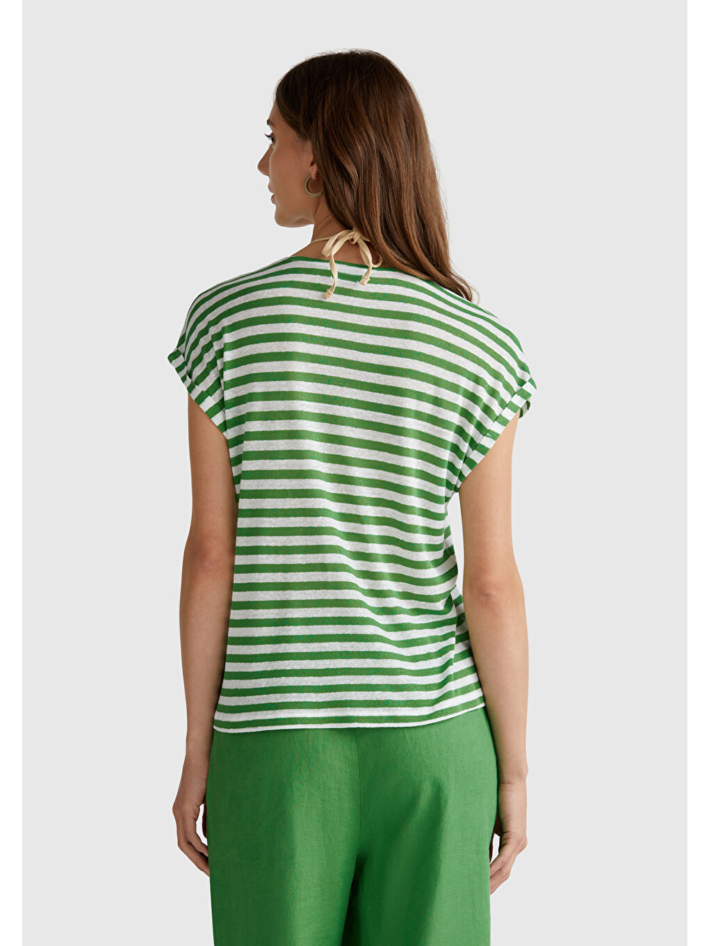 Kadın Yeşil Mix Keten Karışımlı Rahat Kalıp Çizgili V Yaka T-Shirt-2