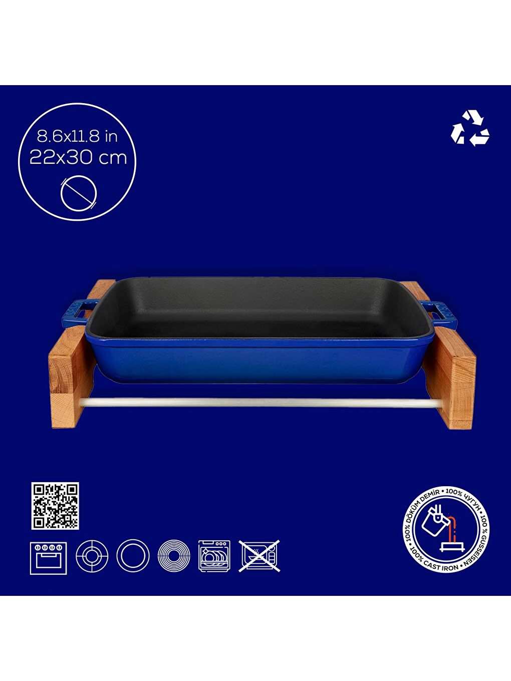 Mavi Dikdörtgen Rosto ve Fırın Tepsisi Kayın Servis Ahşabı Döküm Demir Yekpare Çift Kulplu Ölçü 22x30cm.-3