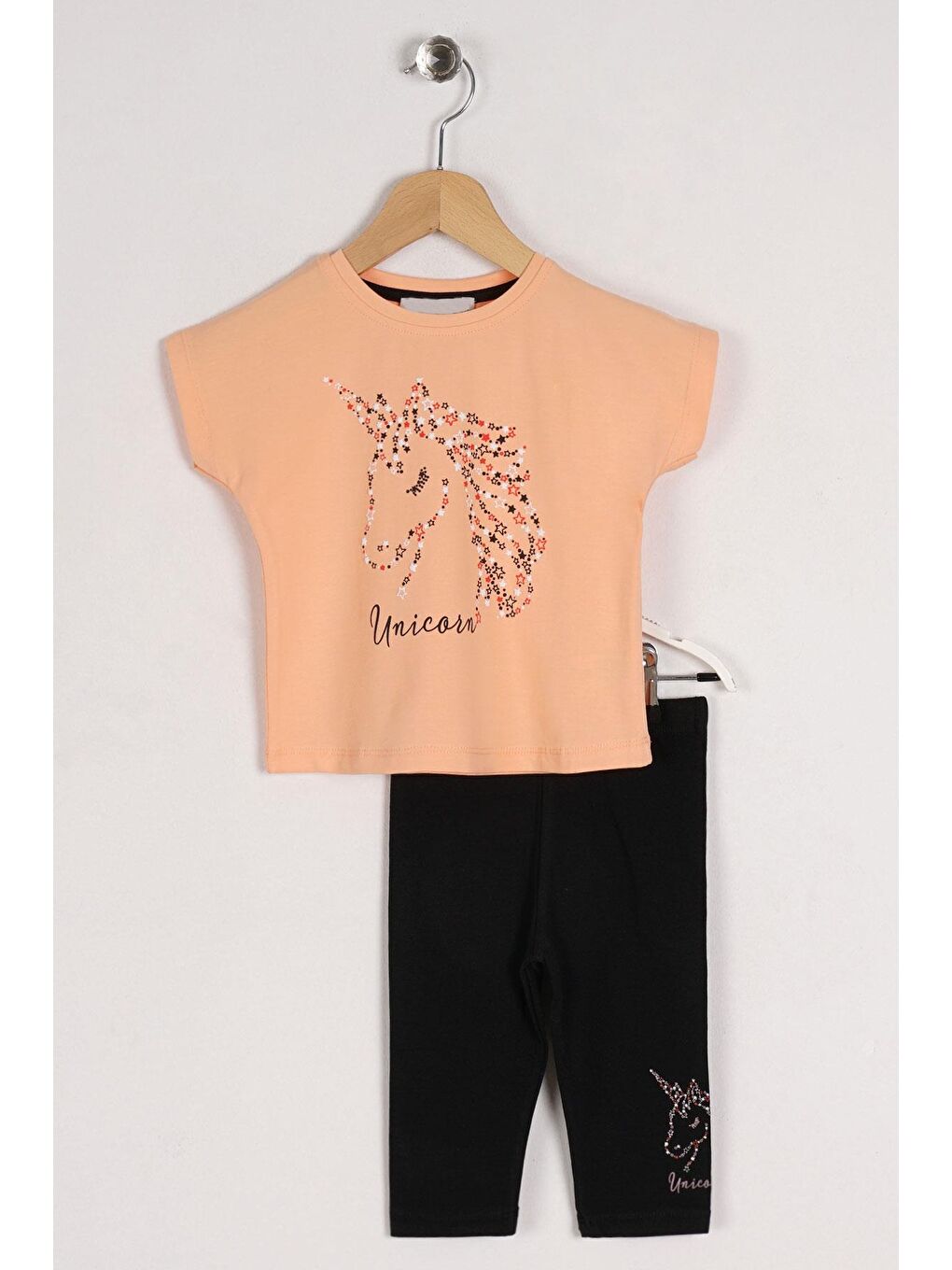 Bisiklet Yaka Yarım Kol Somon Siyah Renk Kız Çocuk Taytlı Takım