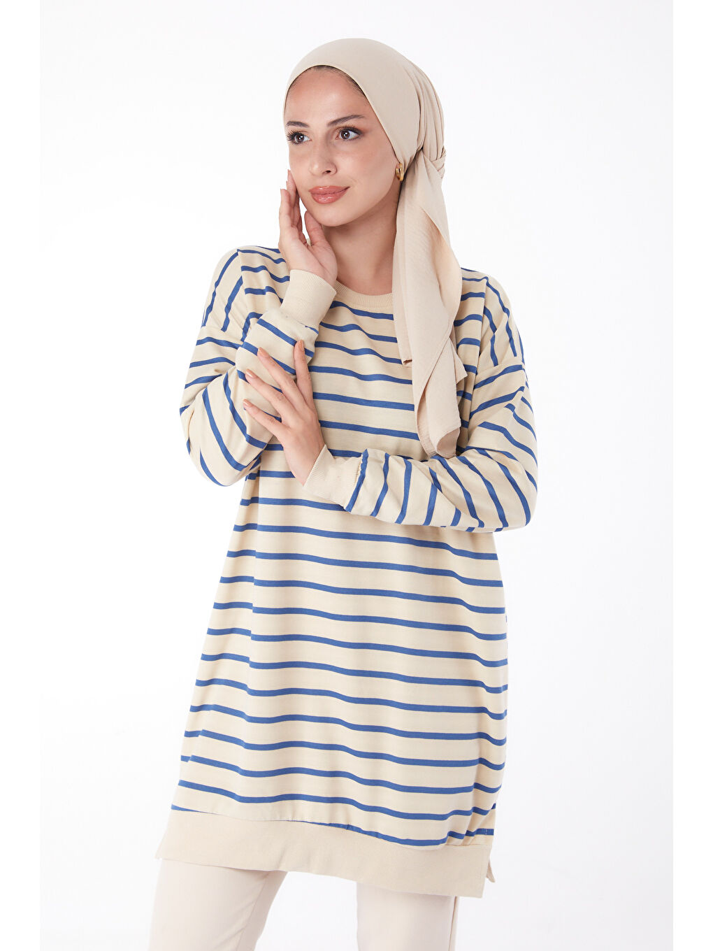 Mavi Çizgili Sweatshirt Saks - 26137