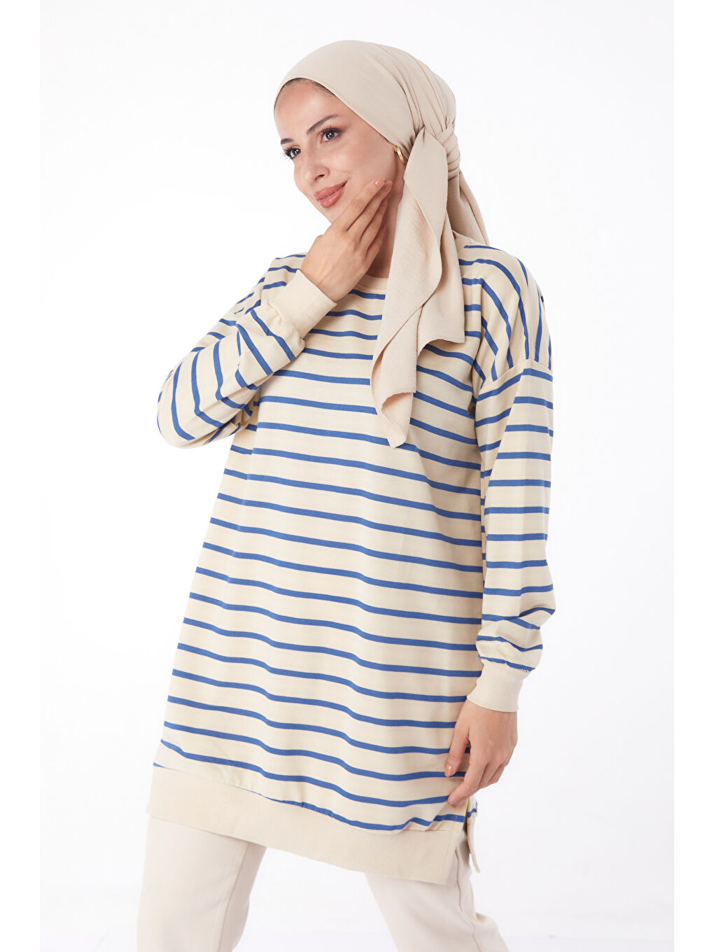 Mavi Çizgili Sweatshirt Saks - 26137-1