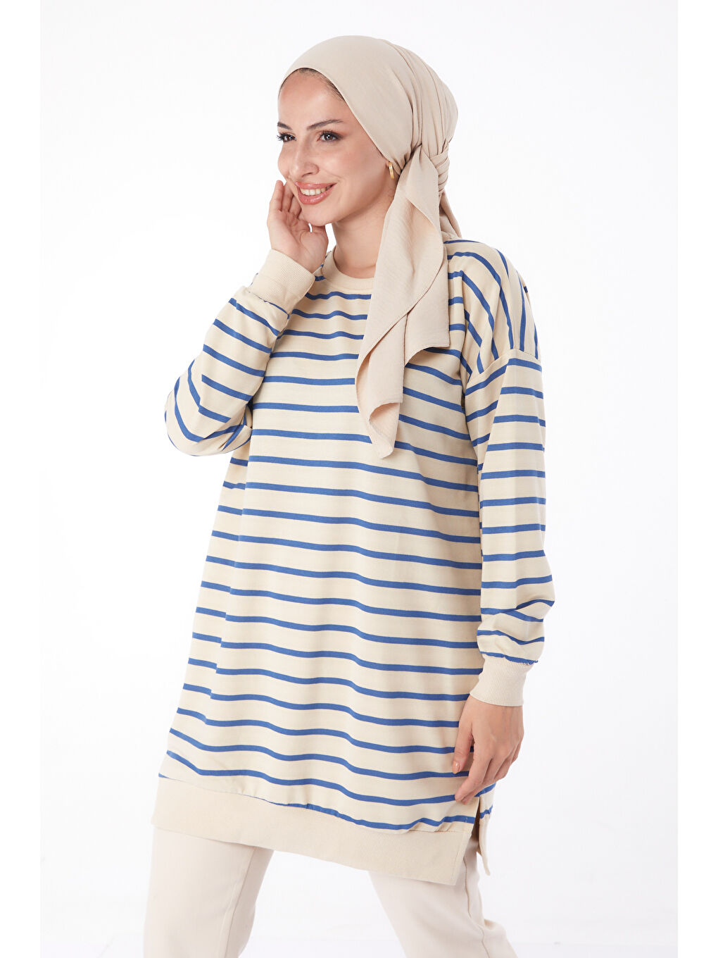 Mavi Çizgili Sweatshirt Saks - 26137-2