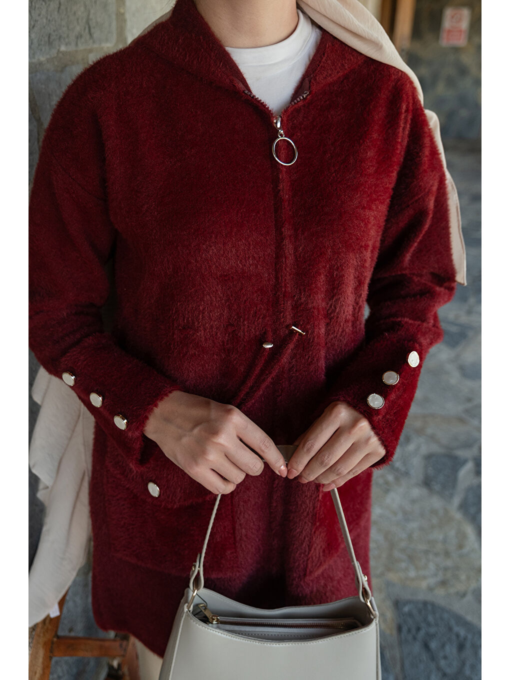 Kadın Kapüşonlu Triko Ceket Bordo-4