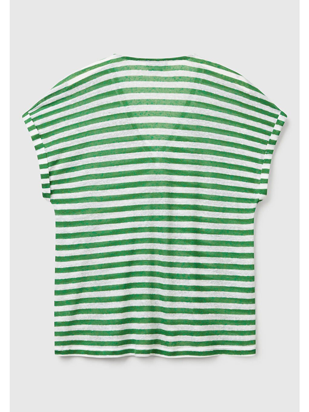 Kadın Yeşil Mix Keten Karışımlı Rahat Kalıp Çizgili V Yaka T-Shirt-3