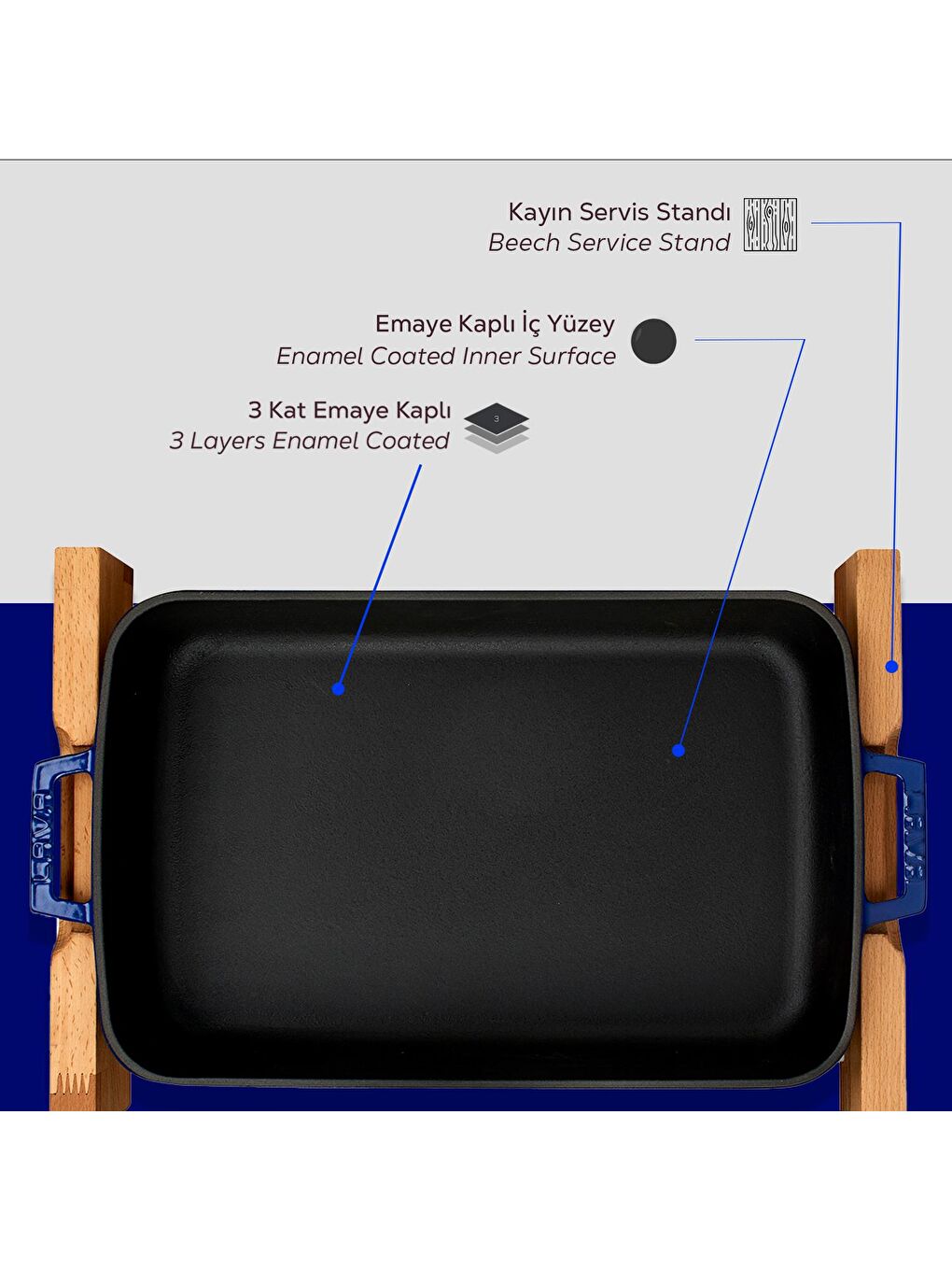 Mavi Dikdörtgen Rosto ve Fırın Tepsisi Kayın Servis Ahşabı Döküm Demir Yekpare Çift Kulplu Ölçü 22x30cm.-5