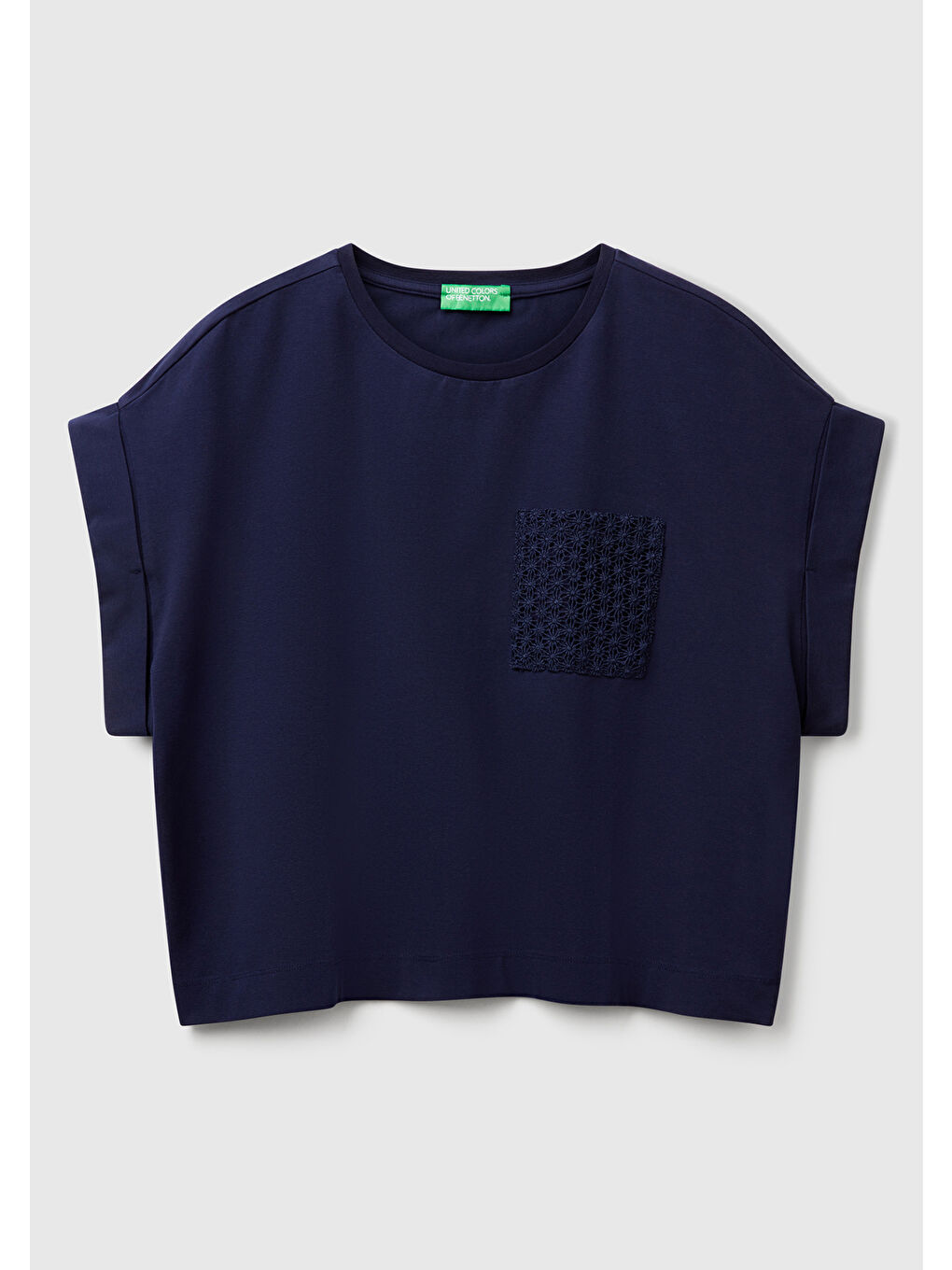 Kadın Lacivert Dantel Detaylı Kısa Kol Esnek T-Shirt-1