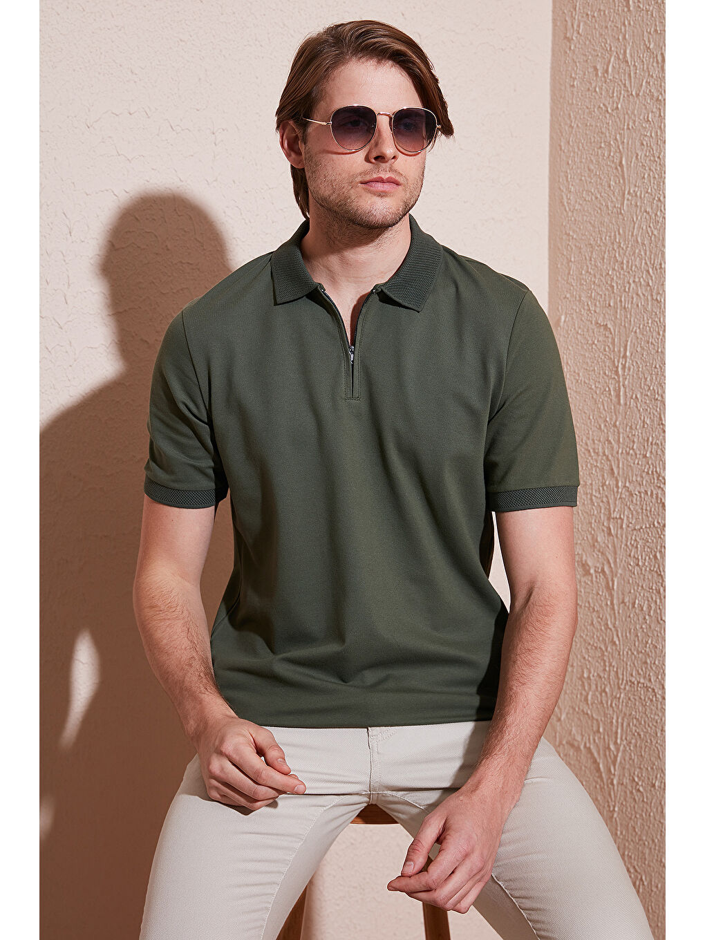 Haki Pamuklu Regular Fit Yarım Fermuarlı Erkek Polo Yaka Tişört 5901029