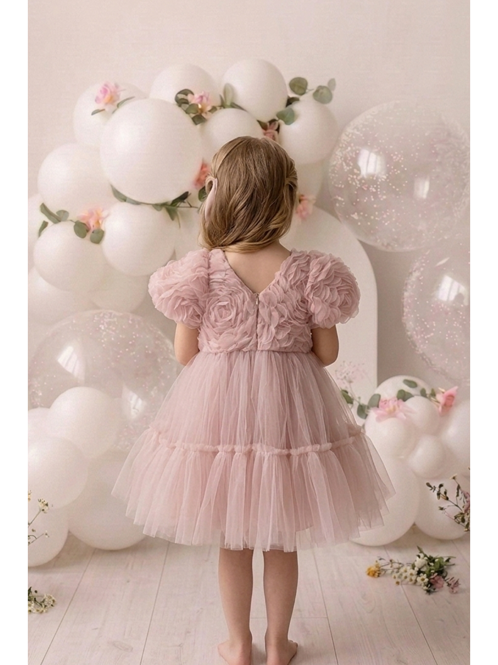 Pembe 3d Gül Desenli Etek Ucu Fırfırlı Kız Çocuk Elbise-5