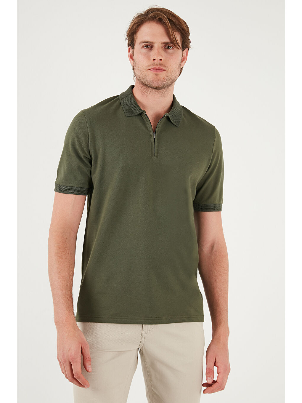Haki Pamuklu Regular Fit Yarım Fermuarlı Erkek Polo Yaka Tişört 5901029-3