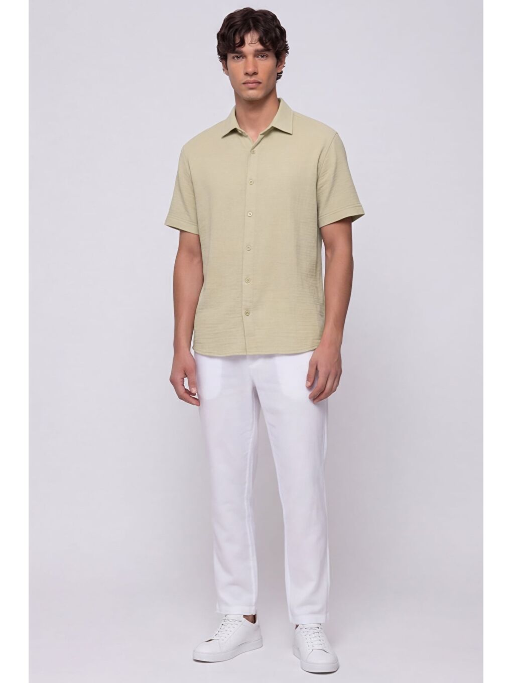 Yeşil Erkek Mint Normal Kesim Regular Fit %100 Pamuk Kısa Kollu Klasik Yaka Gömlek-4