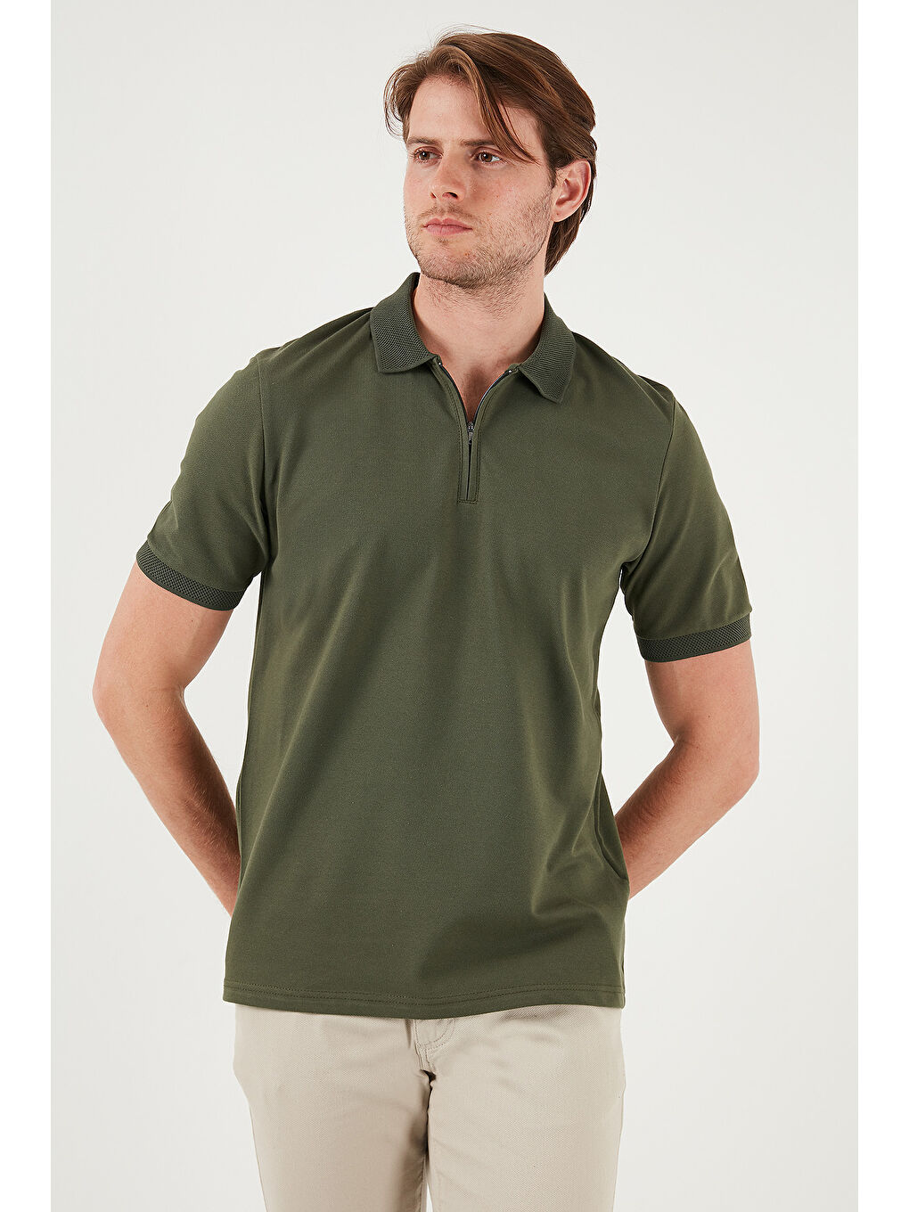 Haki Pamuklu Regular Fit Yarım Fermuarlı Erkek Polo Yaka Tişört 5901029-4