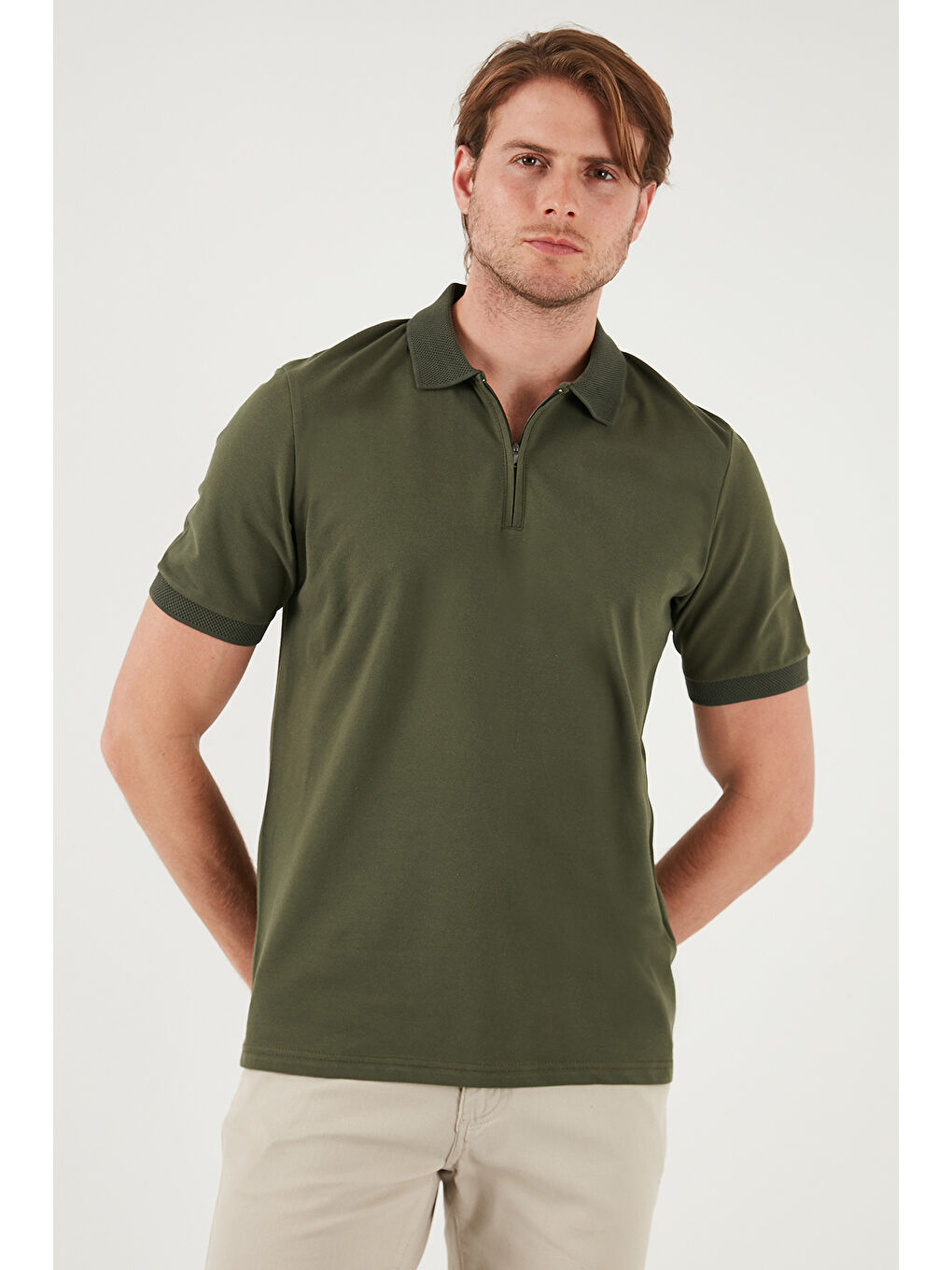 Haki Pamuklu Regular Fit Yarım Fermuarlı Erkek Polo Yaka Tişört 5901029-5