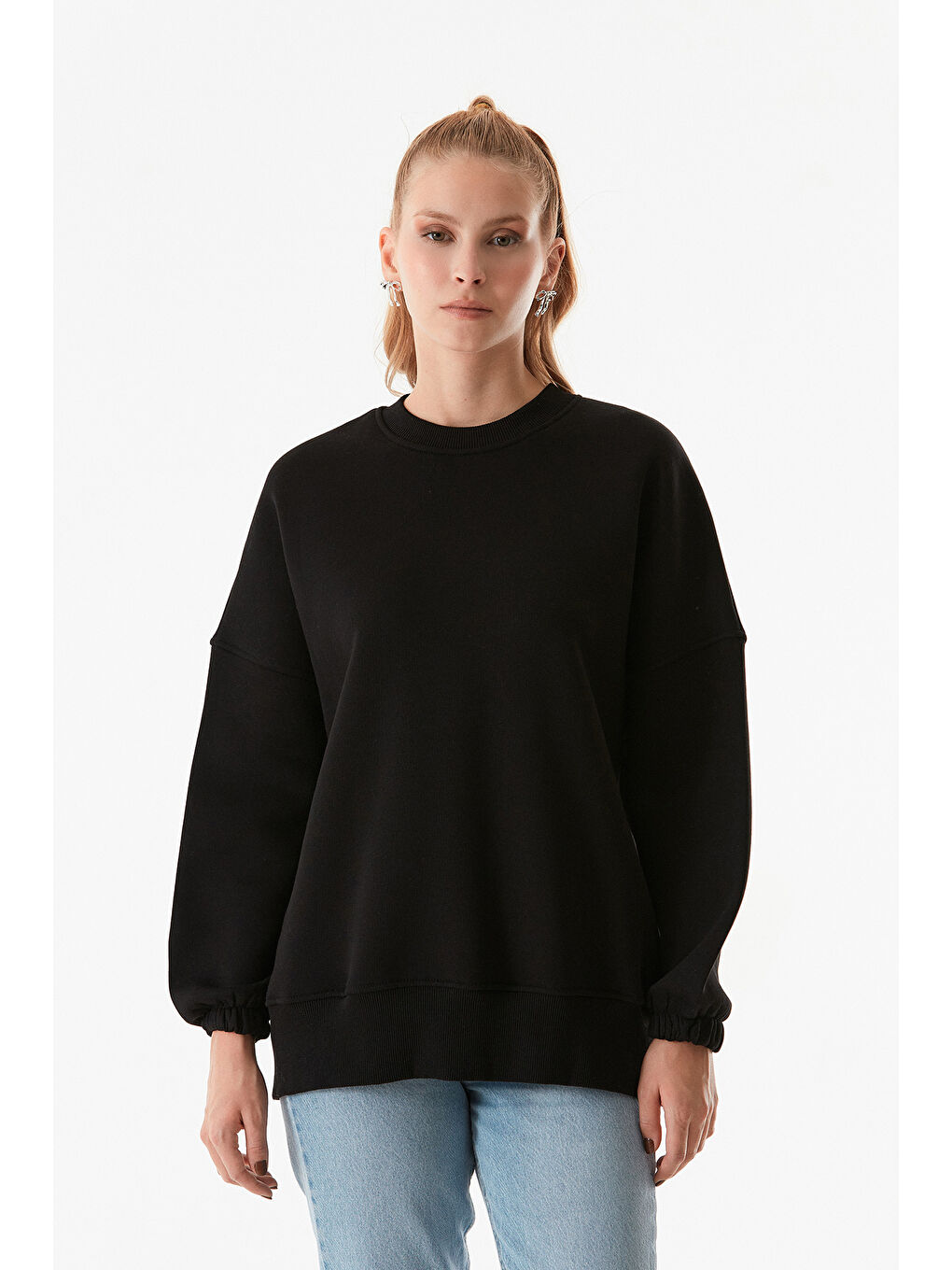 Fullamoda Siyah Basic Bisiklet Yaka Oversize Sweatshirt - 3