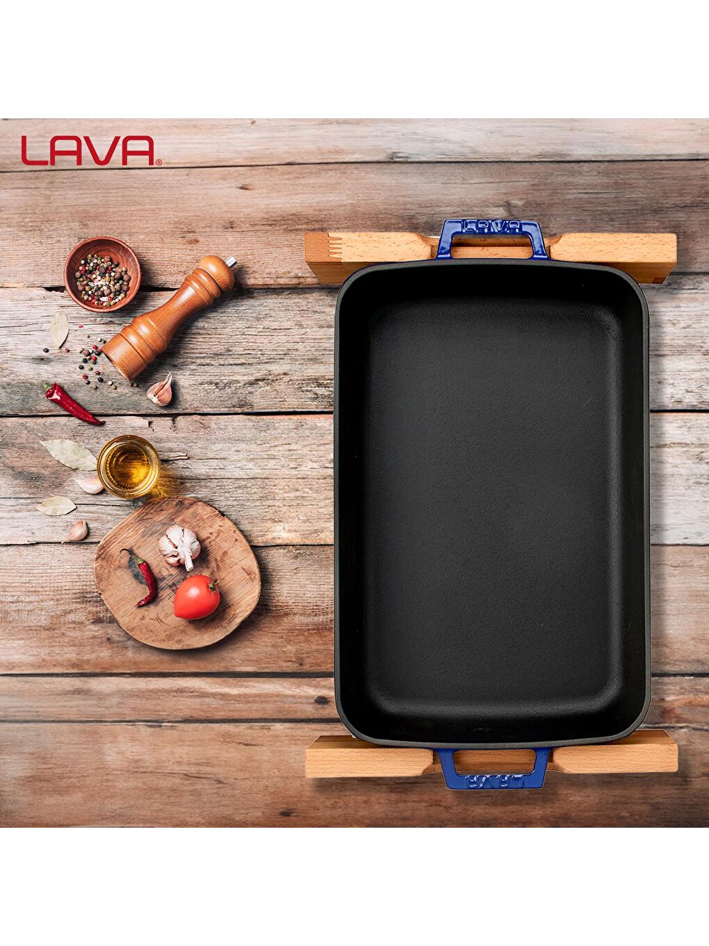 Mavi Dikdörtgen Rosto ve Fırın Tepsisi Kayın Servis Ahşabı Döküm Demir Yekpare Çift Kulplu Ölçü 22x30cm.-6