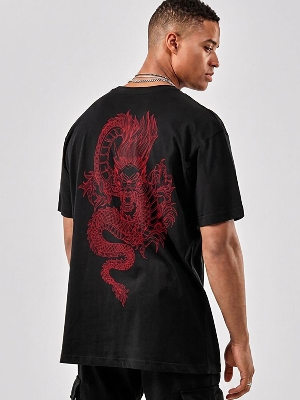 Siyah Dragon Baskı %100 Organik Pamuk Örme Oversize Tişört