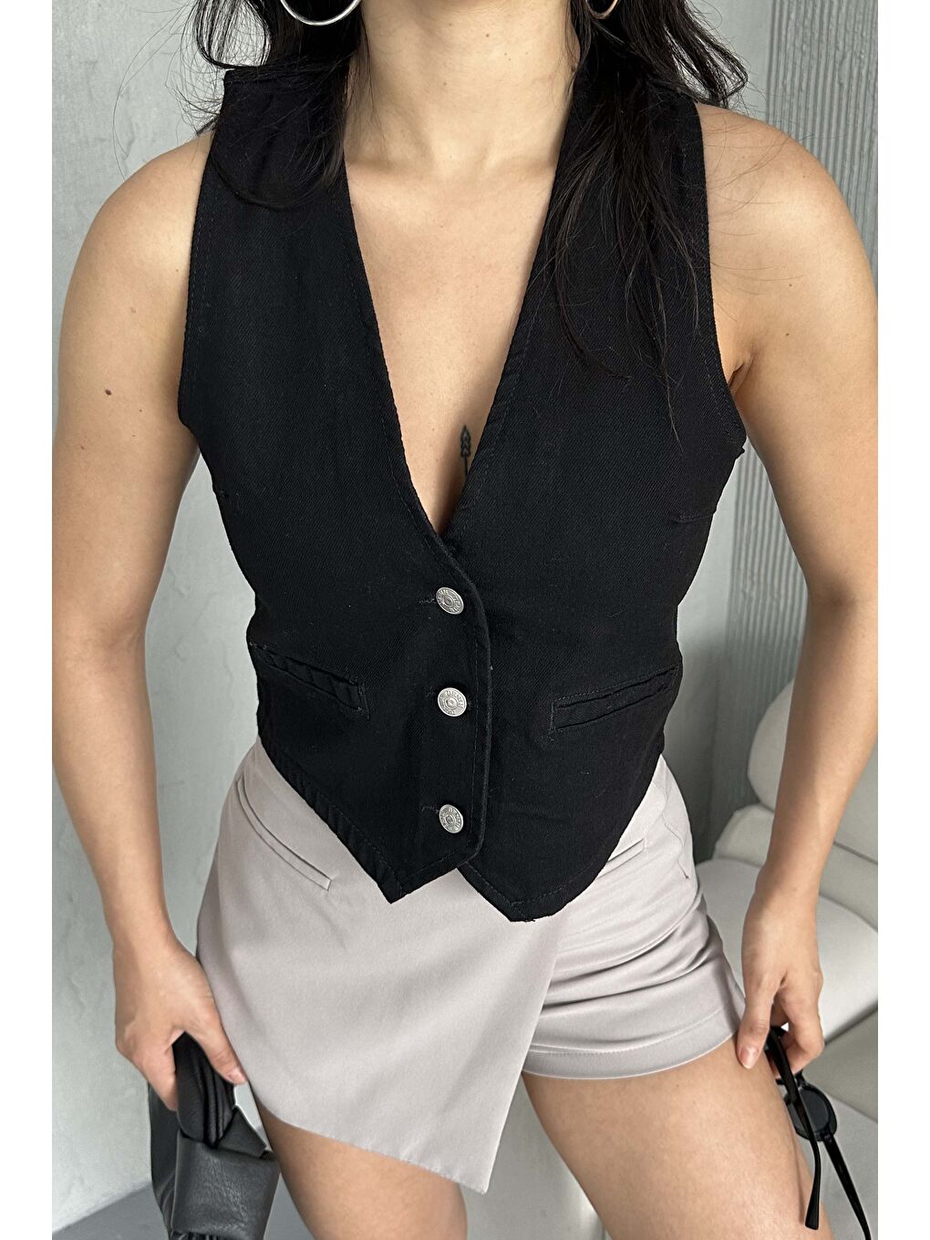 Flotalı Jean Yelek Siyah - 27300-1