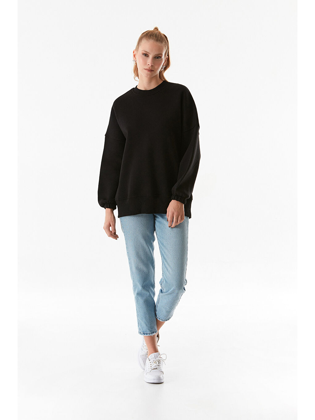 Fullamoda Siyah Basic Bisiklet Yaka Oversize Sweatshirt - 4