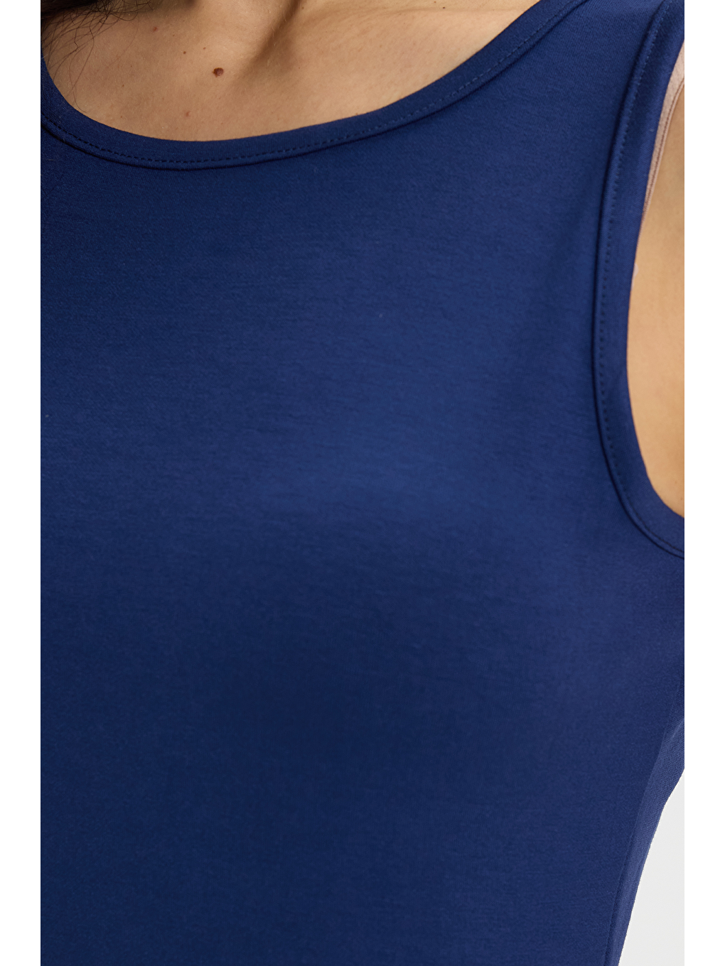 Kadın Slim Fit Dar Kesim Pamuklu Sıfır Kol Bisiklet Yaka Saks Mavi Elbise-3