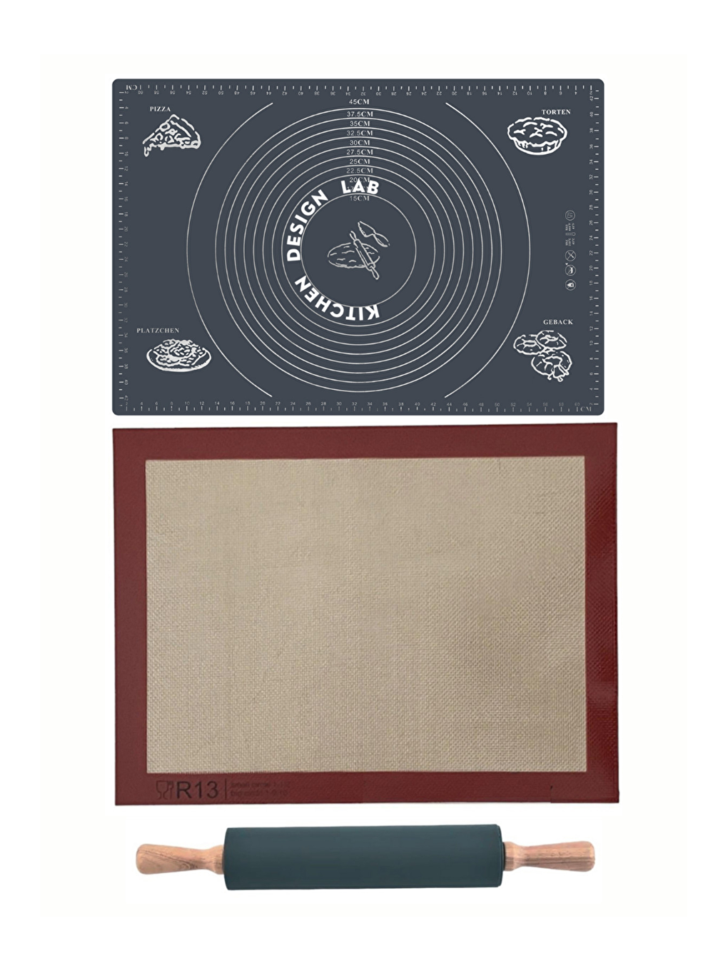 Karışık 1. Sınıf Fırın Pişirme Altlığı, Gri Ölçülü Hamur Açma Matı 45 X 65 Cm, Bambu Saplı Silikon Merdane