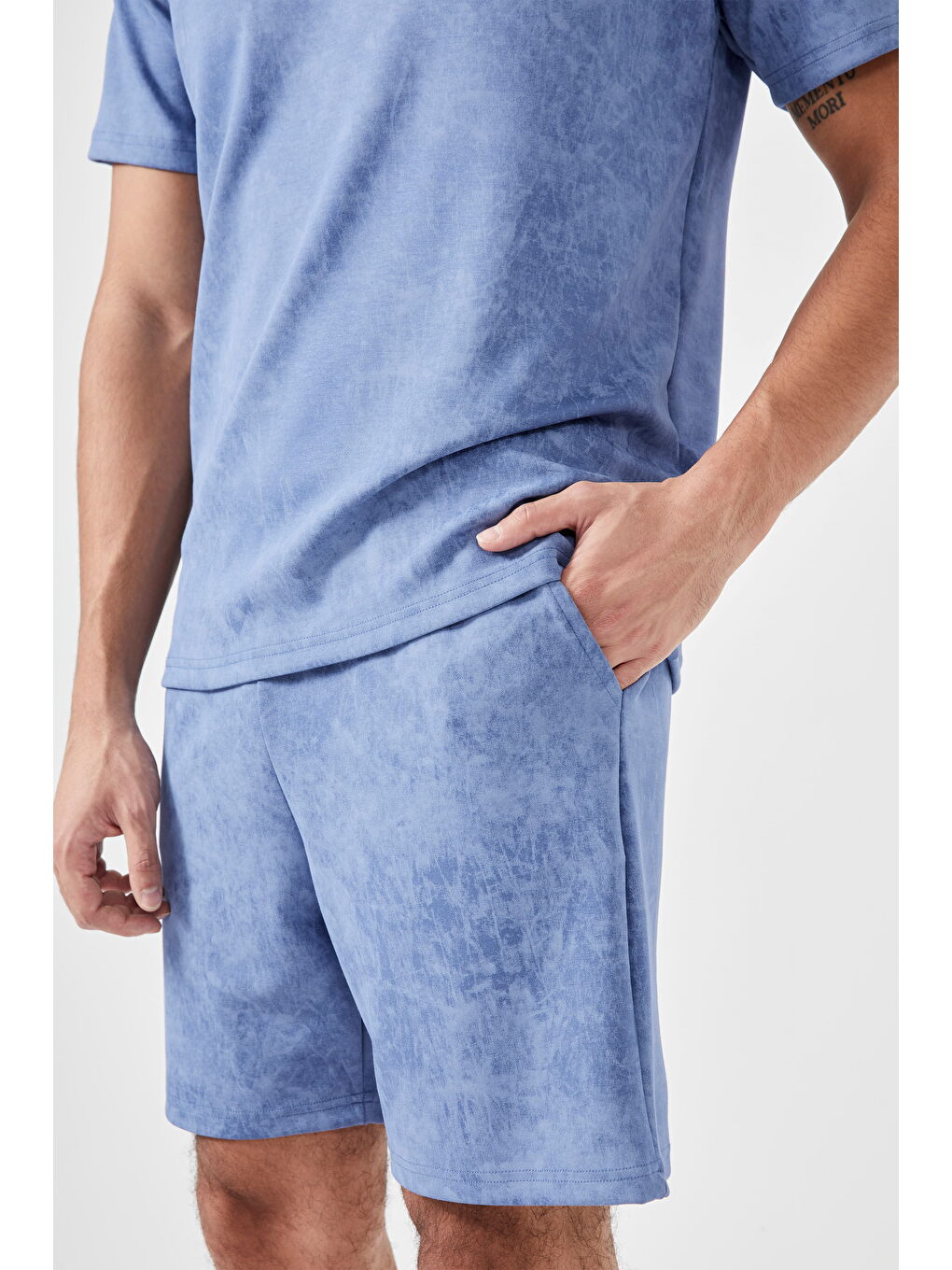 Erkek Mavi Şortlu Cepli Pijama Takımı-3