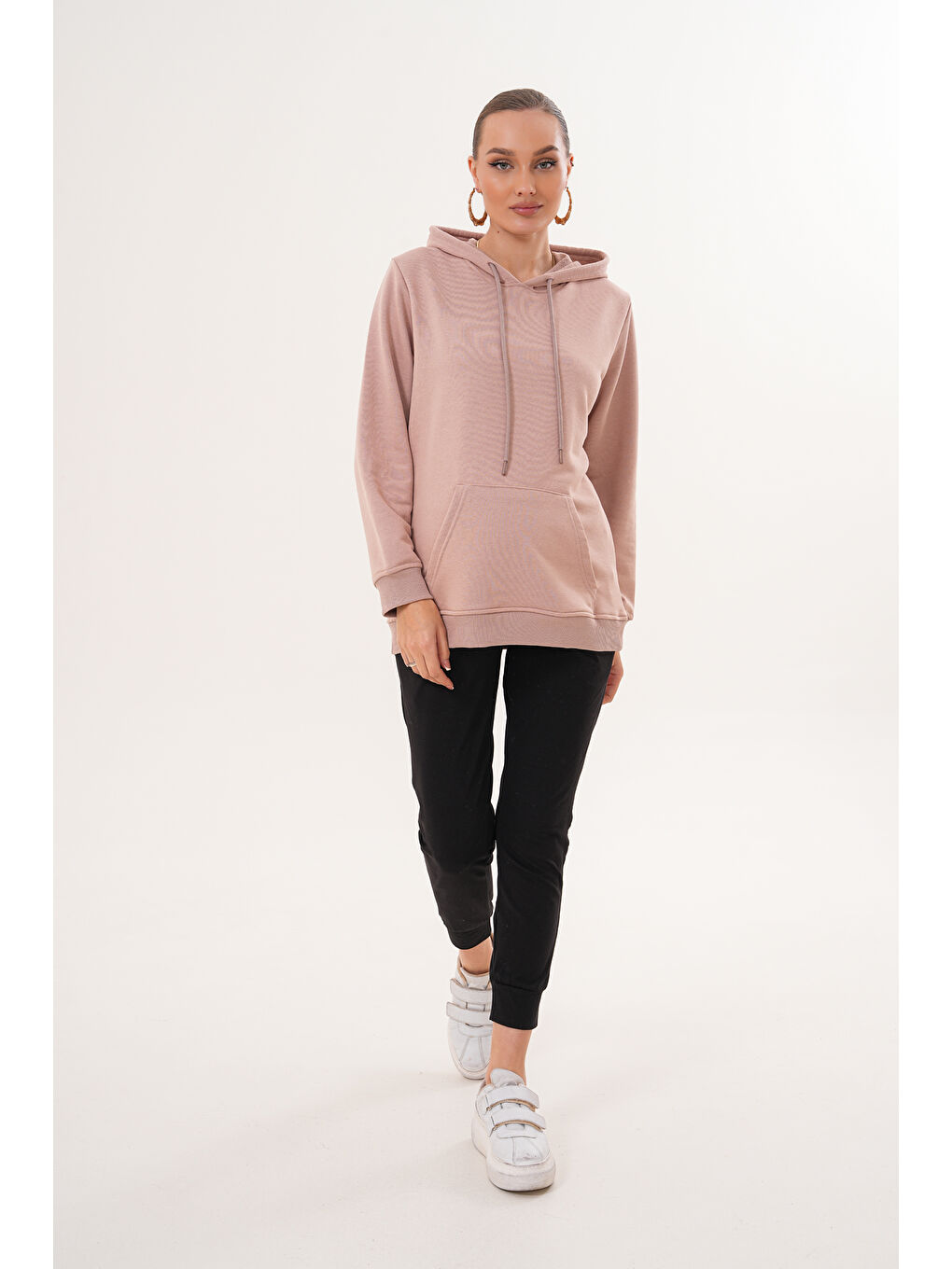 Pembe %100 Pamuk Hamile ve Lohusa Basic Kapüşonlu Sweatshirt