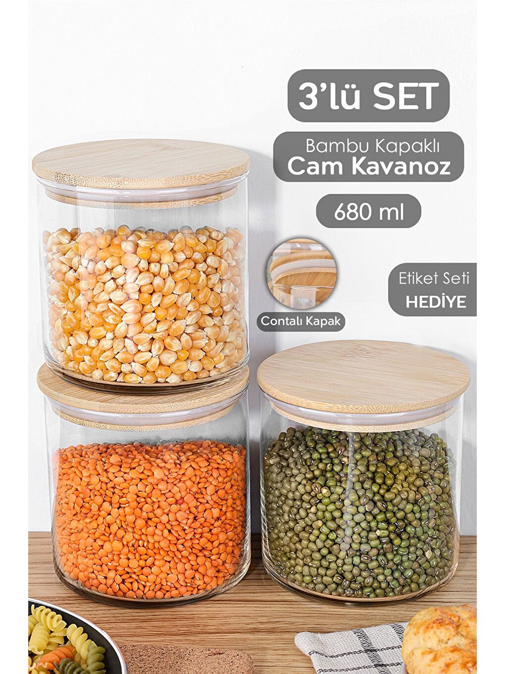 Renksiz 3'lü Bambu Kapak Cam Saklama Kabı Bakliyat Erzak Kavanozu Vakum Kapaklı Cam Kavanoz Seti 680 ml