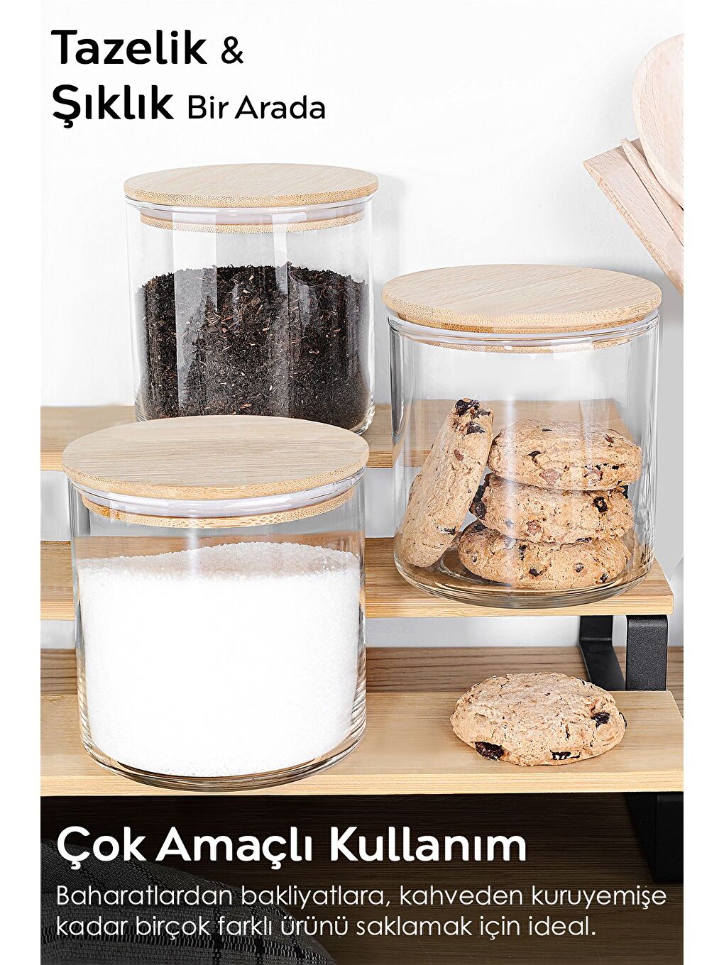 Renksiz 3'lü Bambu Kapak Cam Saklama Kabı Bakliyat Erzak Kavanozu Vakum Kapaklı Cam Kavanoz Seti 680 ml-2