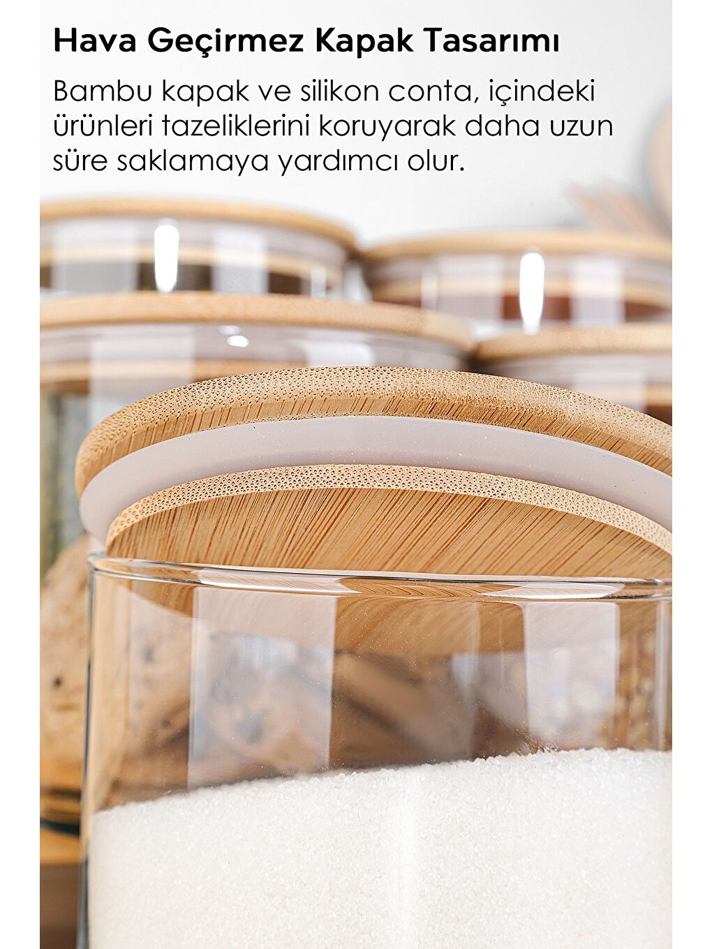 Renksiz 3'lü Bambu Kapak Cam Saklama Kabı Bakliyat Erzak Kavanozu Vakum Kapaklı Cam Kavanoz Seti 680 ml-3
