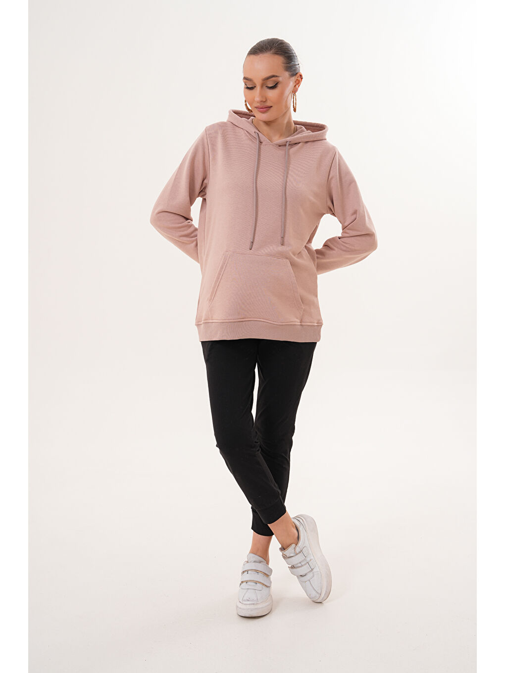 Pembe %100 Pamuk Hamile ve Lohusa Basic Kapüşonlu Sweatshirt-1