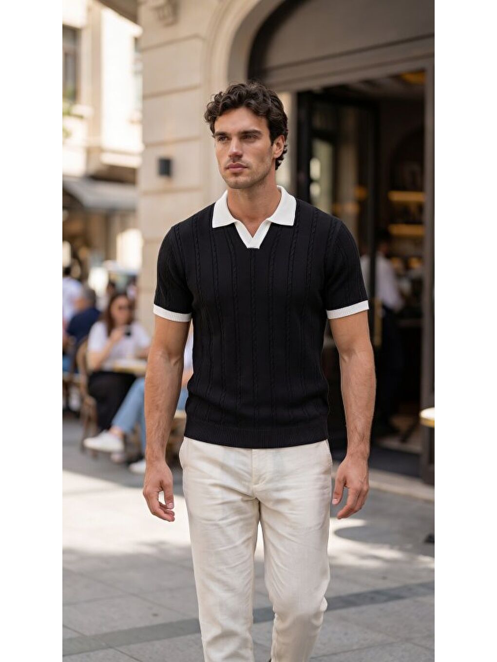 Siyah Erkek Örgü Desen Yakalı Kısa Kollu Triko Tişört %100 Pamuk