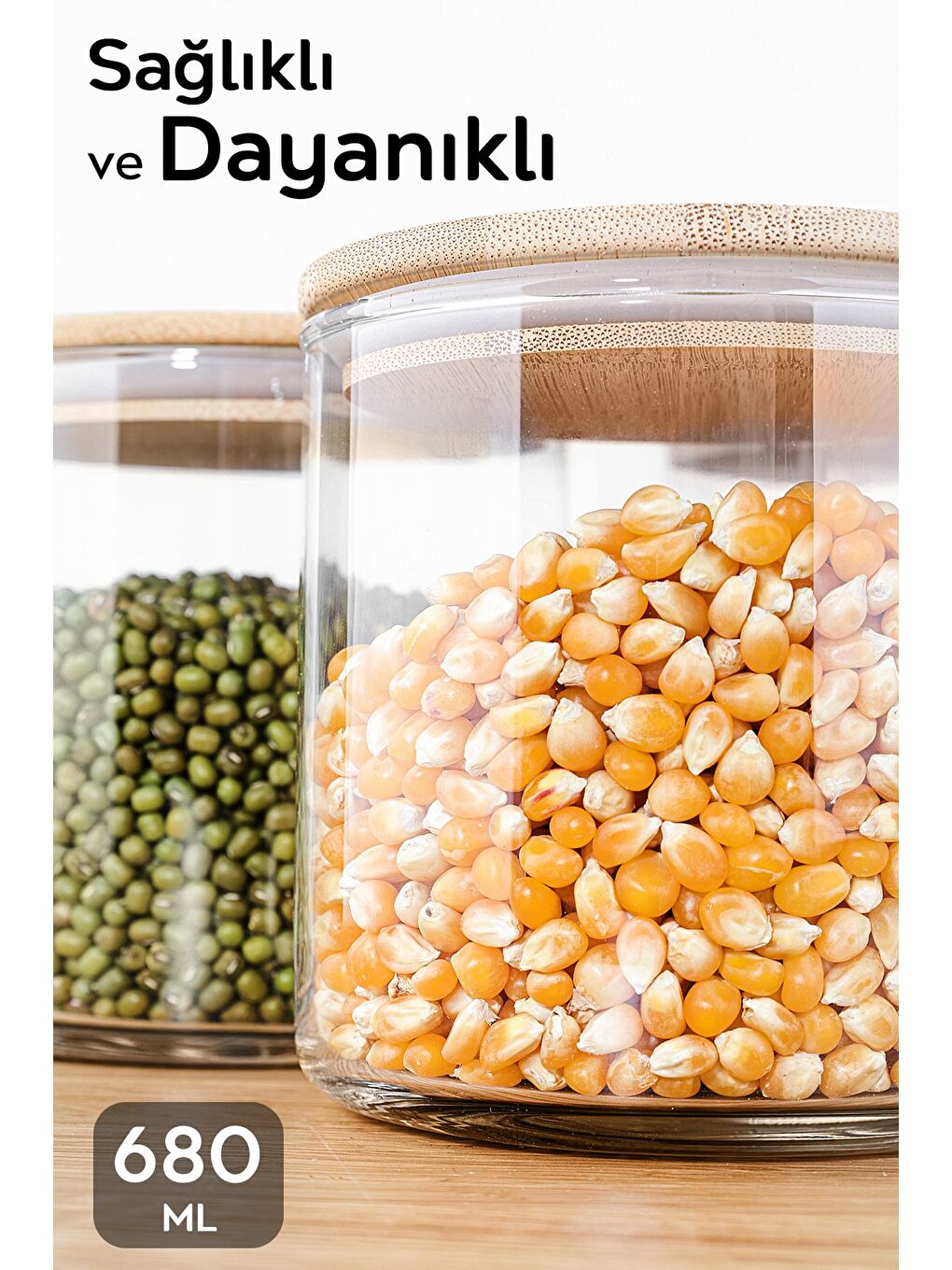 Renksiz 3'lü Bambu Kapak Cam Saklama Kabı Bakliyat Erzak Kavanozu Vakum Kapaklı Cam Kavanoz Seti 680 ml-6