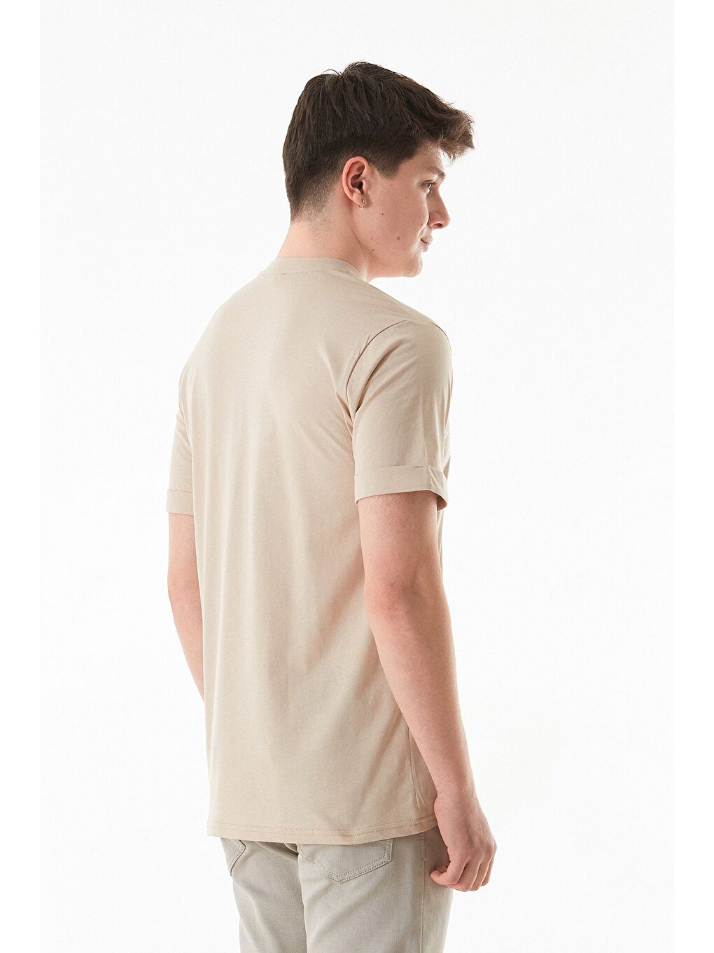 Bej Baskılı %100 Pamuk Erkek Tişört-3